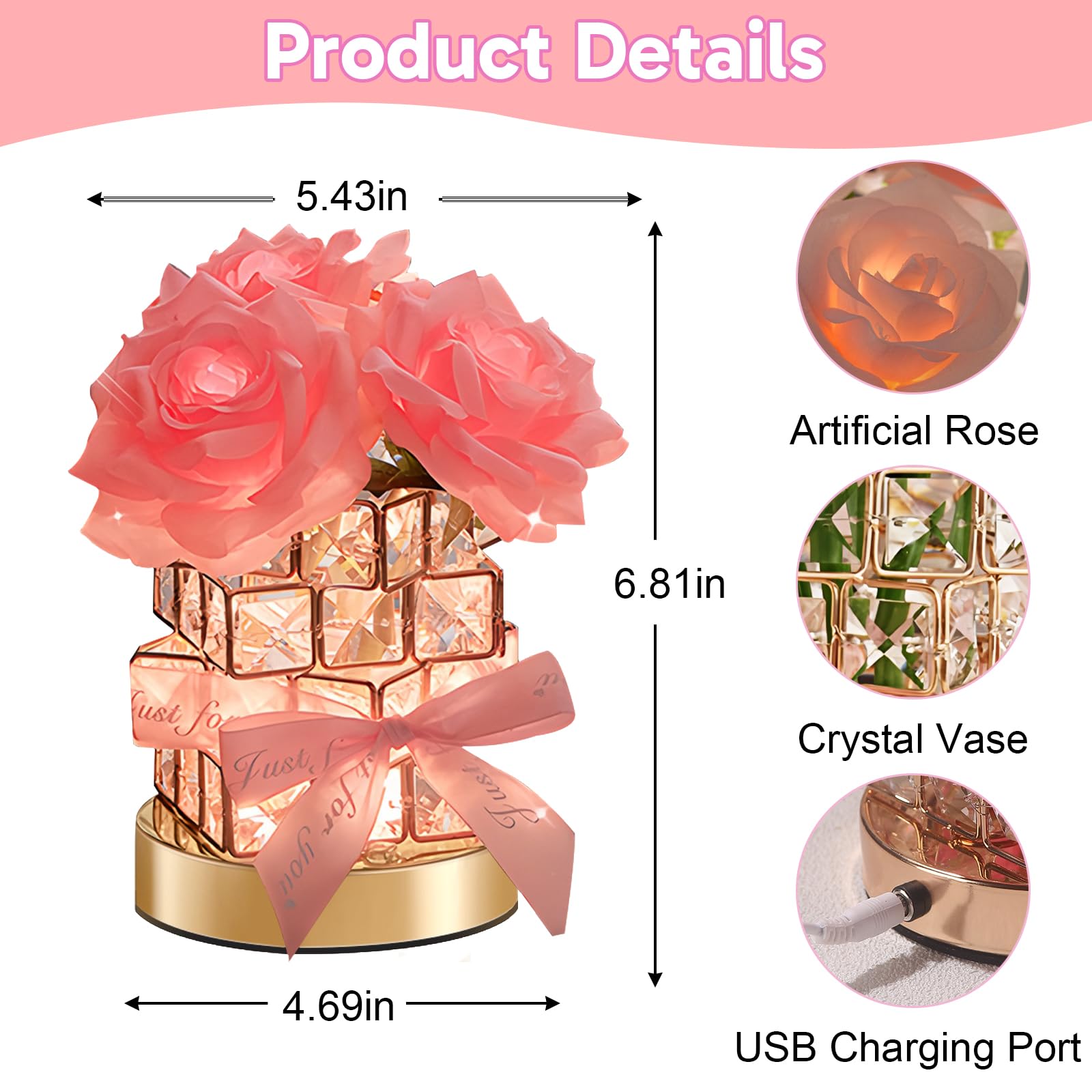 Onxe Birthday Christmas Gifts For Women Girlfriend Wife Mom  Rechargeable Cordless Touch Crystal Rose Table Lamp 3 Color Dimming Forever Flowers Night Light  Anniversary Valentines Rose Gift For Her