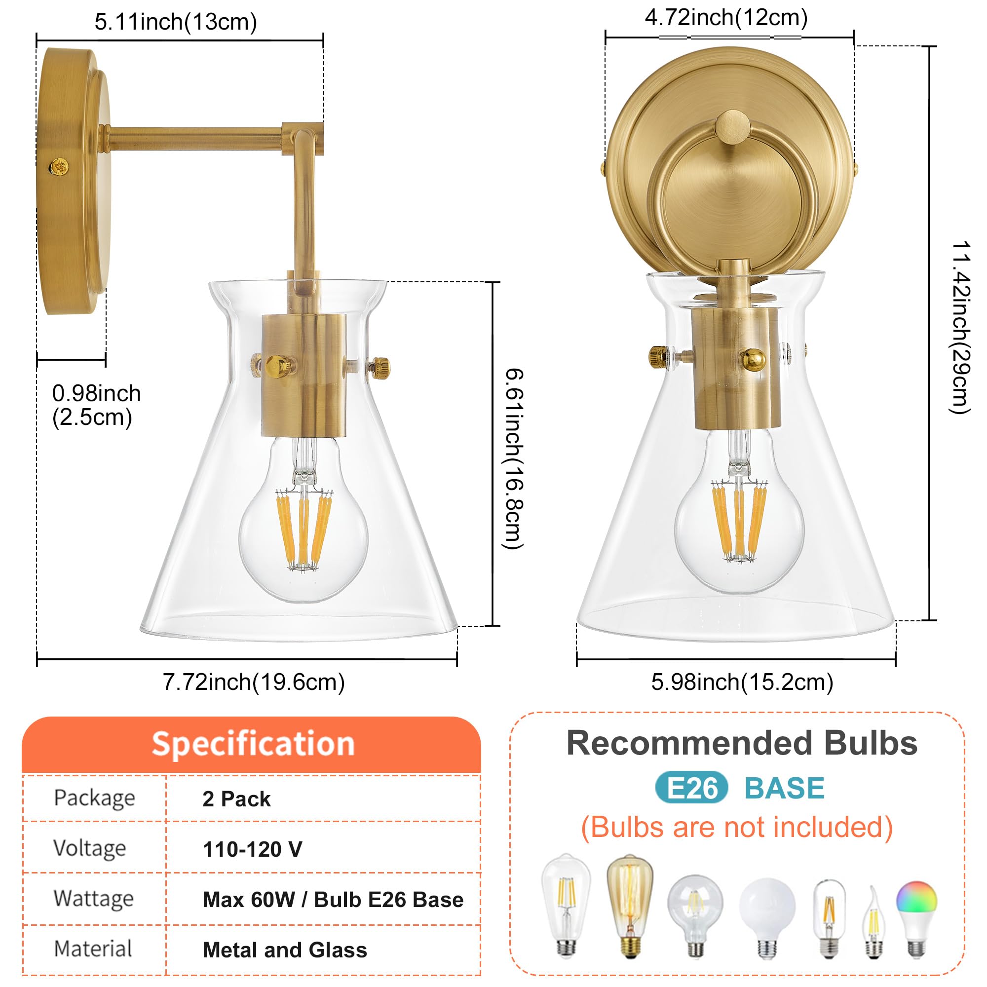 Gednbo Gold Wall Sconces Set Of 2 Modern Vanity Light Fixtures For Bathroom Wall Mount Lighting Lamp Hardwired Farmhouse Wall Lights With 6 Inch Clear Glass Shade For Bedroom Living Room Mirror