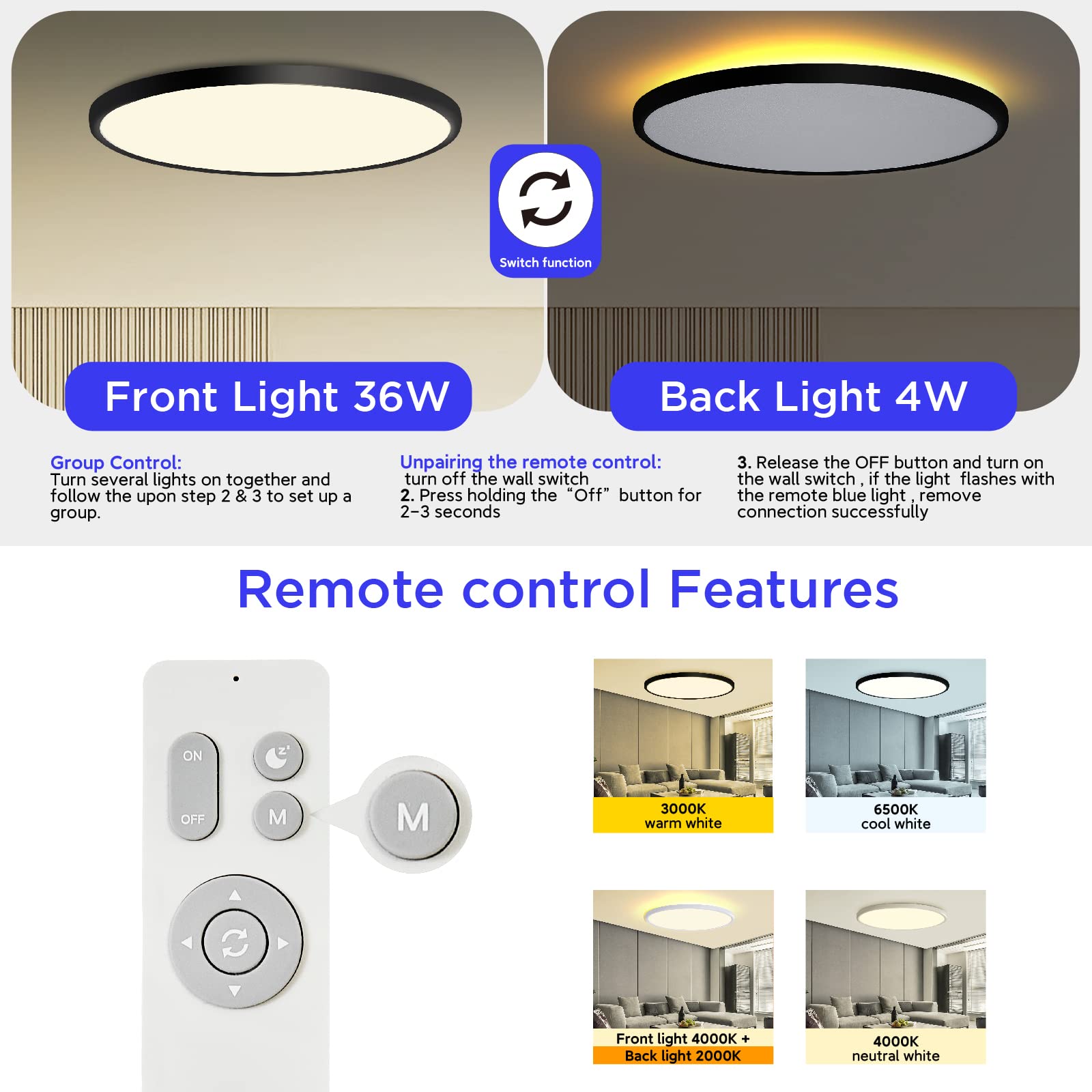 ocioc 18" Ceiling Light Fixture, 40W LED with Remote, Adjustable 3000K-6500K, Black, Model OSK460-40W-T-BKJ1
