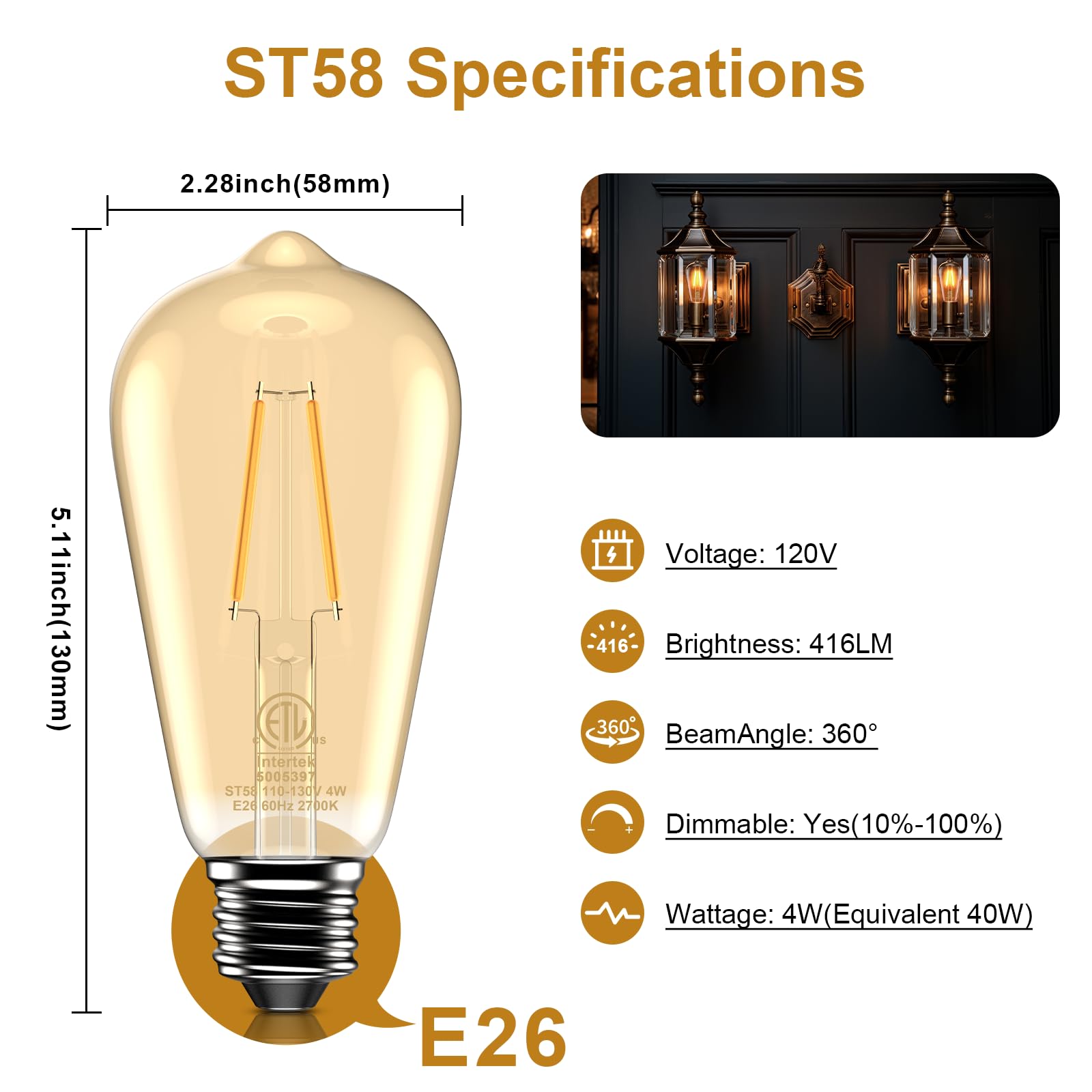 St58 Antique Led Filament Light Bulbs, Led Dimmable Edison Light Bulbs 4W, 2700K Warm White (Amber Glass) E26 Base Pack Of 6