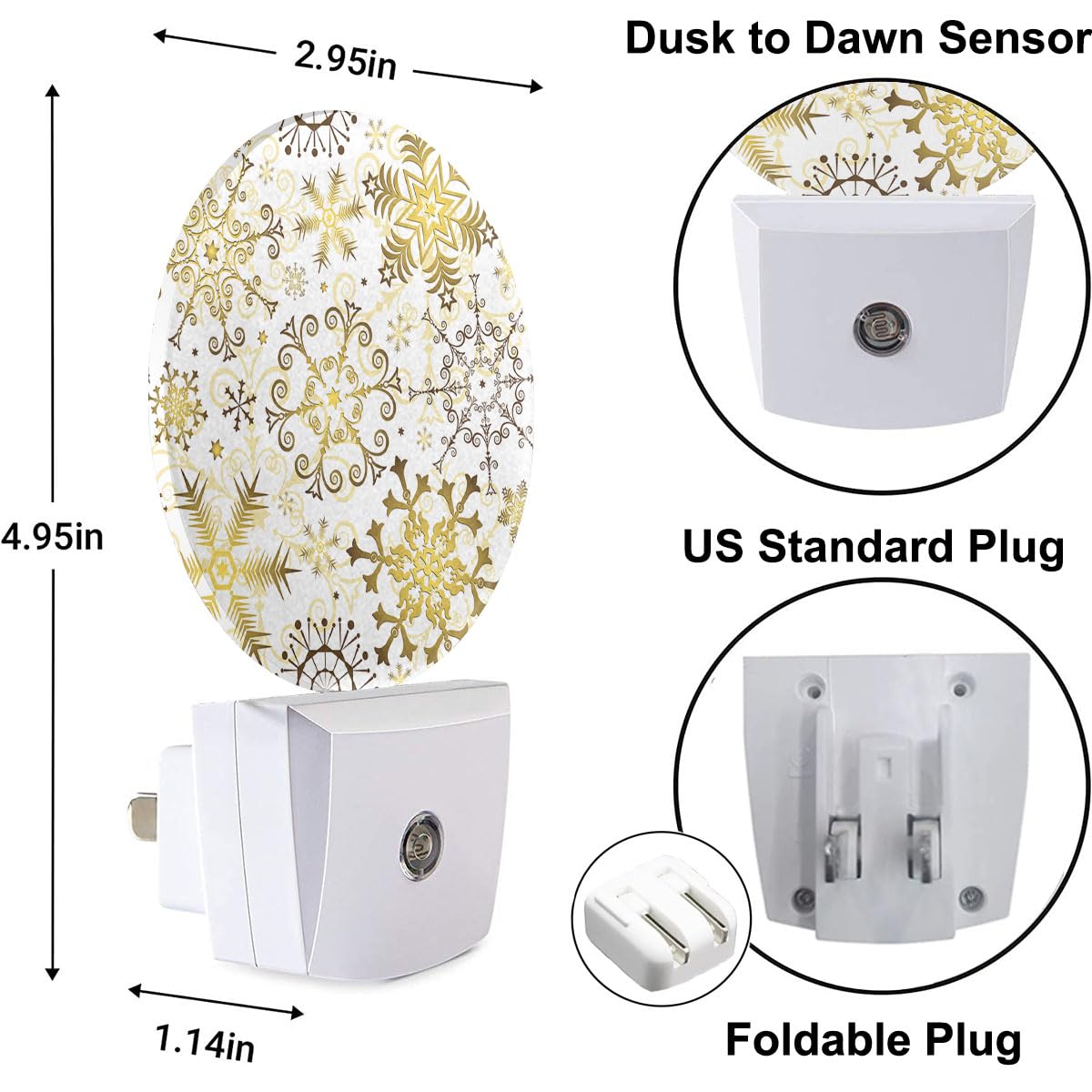 Uanvaha Christmas Holiday Night Light White Golden Snowflakes Stars Plug In Night Lights Auto Led Lamp Energy Saving Round Light