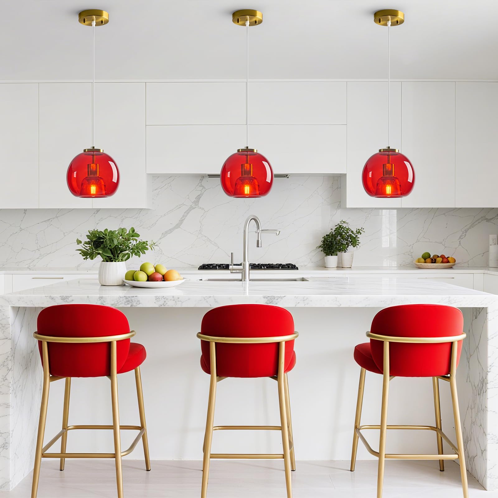 Lbsqj Red Glass Pendant Lights Kitchen Island Gold Hanging Light Fixture Glass Globe Pendant Light Modern Pendant Lighting For Kitchen Island Bedroom Dining Room (7.87  3 Pack)