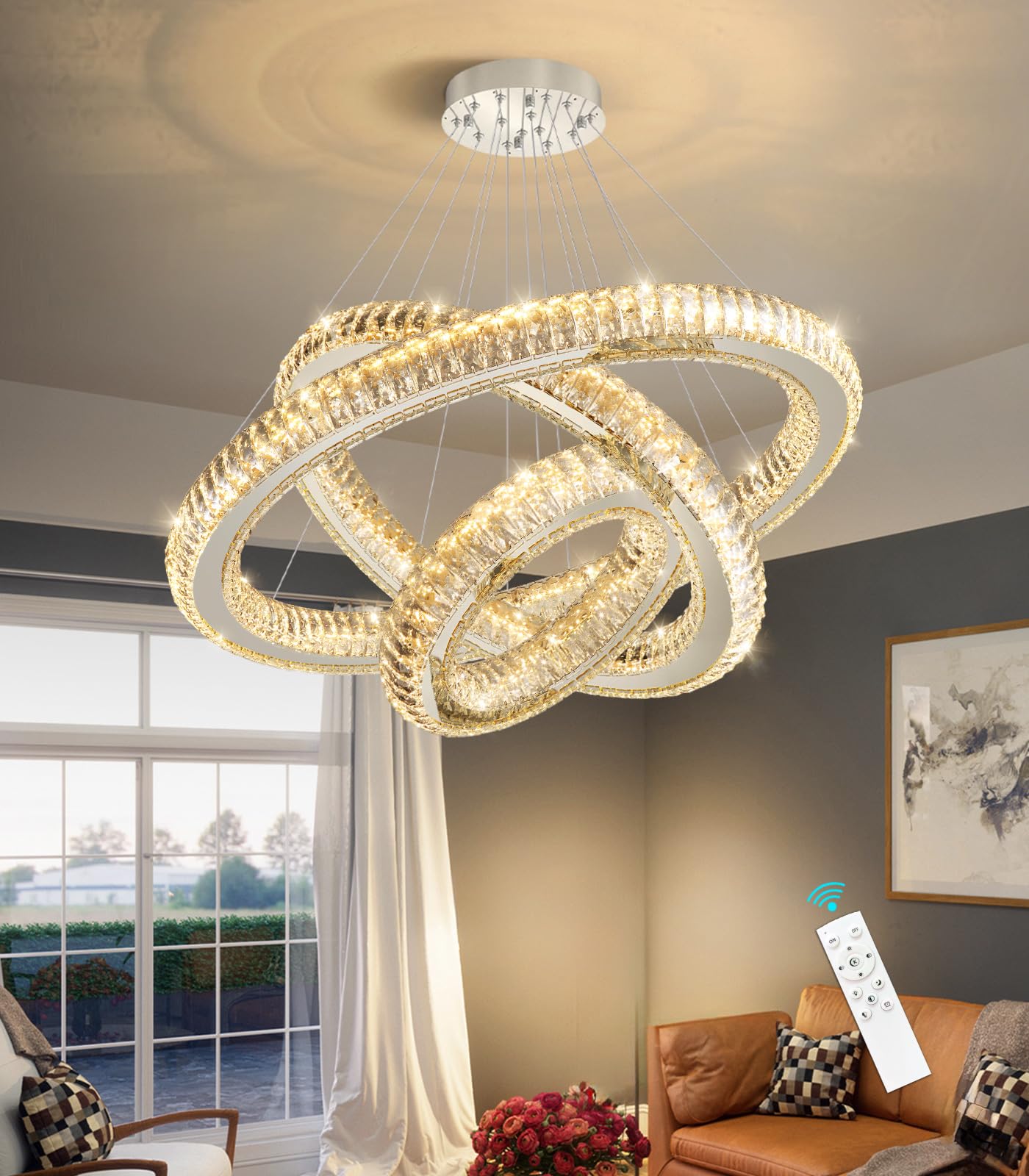 HAIXIANG 3 Rings Chandelier Modern Dimmable High Ceiling Large Ring Chanderliers Entryway Crystal Pendant Lights for Entryway Foyer Living Room Silver Light