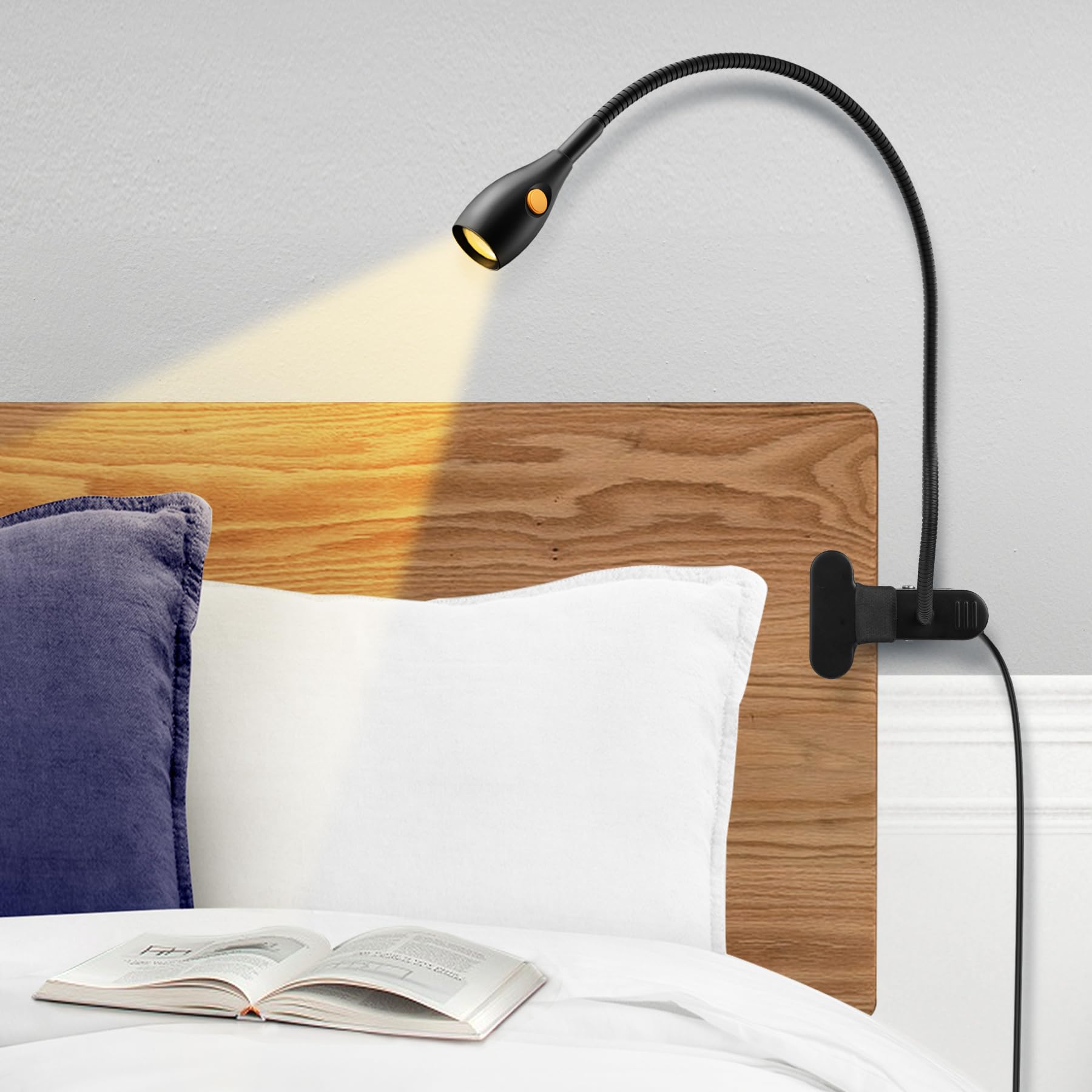 acegoo Minimalist Reading Light for Bed Headboard Dimmable Book Light Clip on Lamp with USB-C Adapter, Flexible Neck & Handy Lam