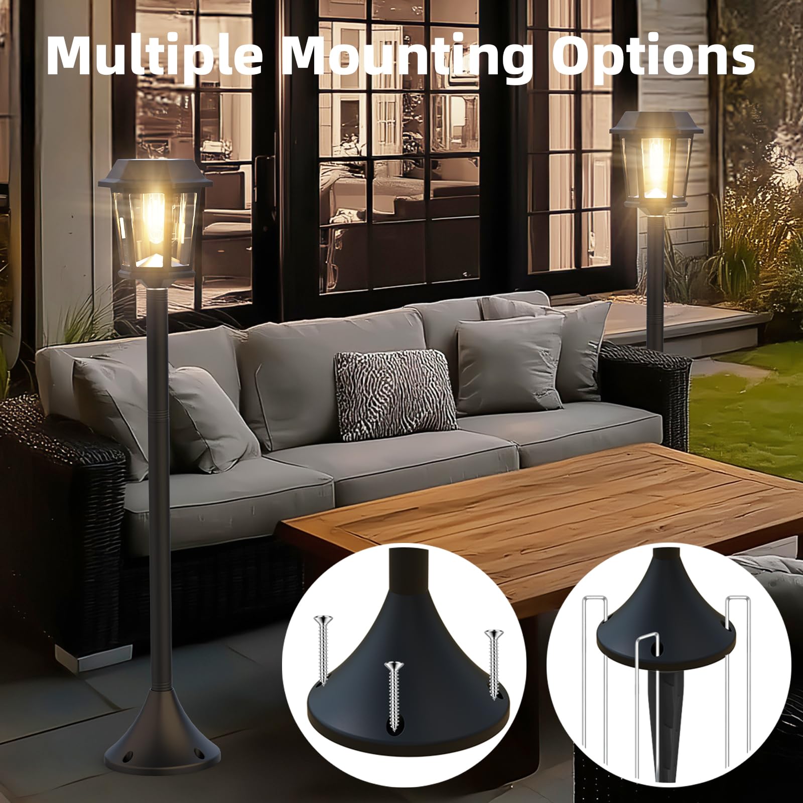 DOESLAG Solar Lamp Post Light, 2 Pack, 61 Inch, Waterproof, Warm White, Stainless Steel, Model ZC-22A, Black
