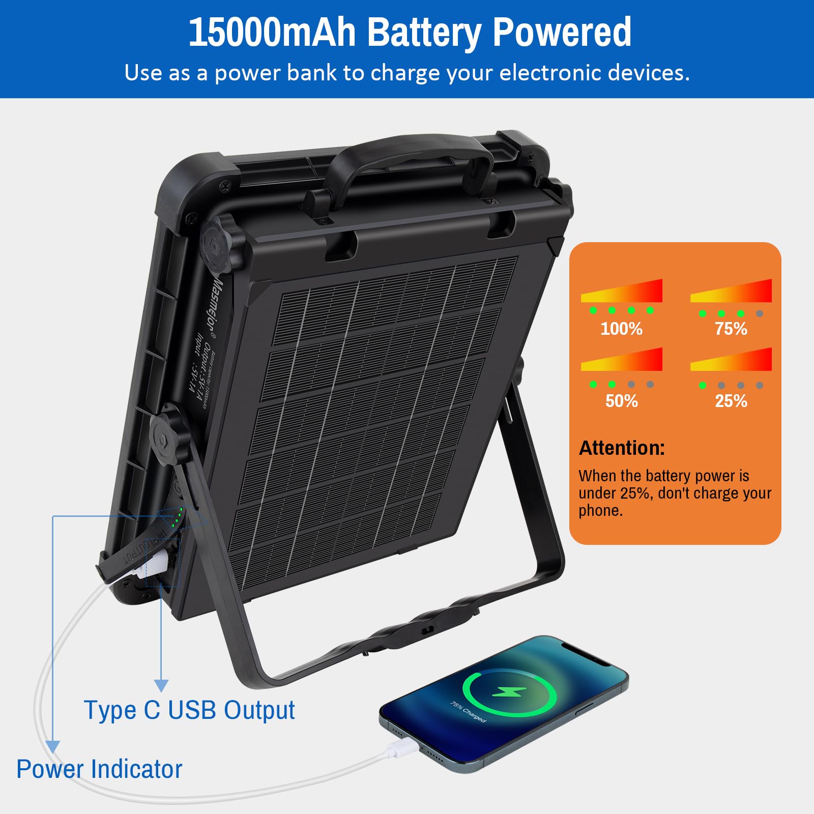 Masmejor 160W 15000mAh Solar Work Light - 540 LEDs, Stepless Dimming, USB Charging, IPX4 Waterproof for Job Site, Emergency, Pow