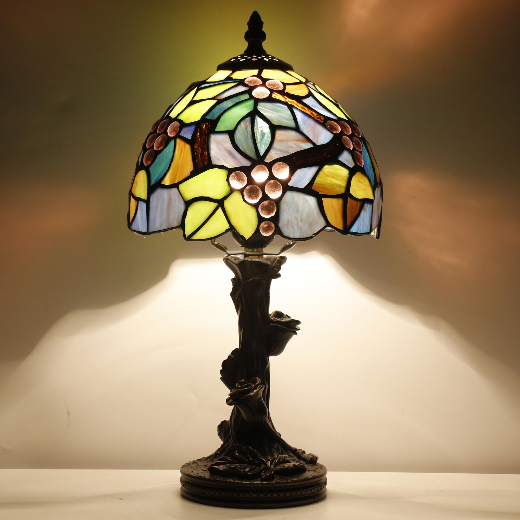 SYETL Small Tiffany Lamp Stained Glass Table Lamp Amber Grape Style Bedside Desk Light Mini Accent Desk Memory Lamp 8X15 Inch