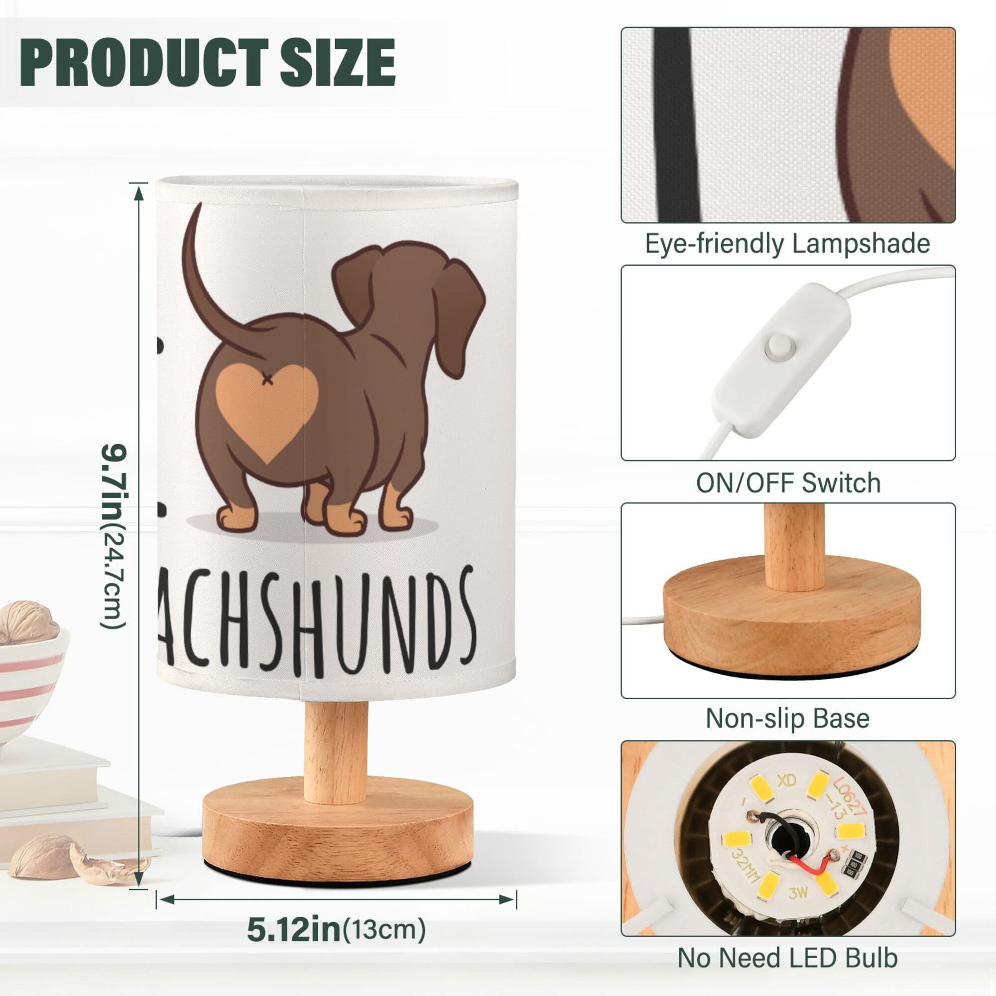 Yyzzh Table Lamp Cute Dachshund Dog I Love Dachshunds Heart Butt Nightstand Lamp With Wood Base Fabric Lamp Shade Bedside Desk L