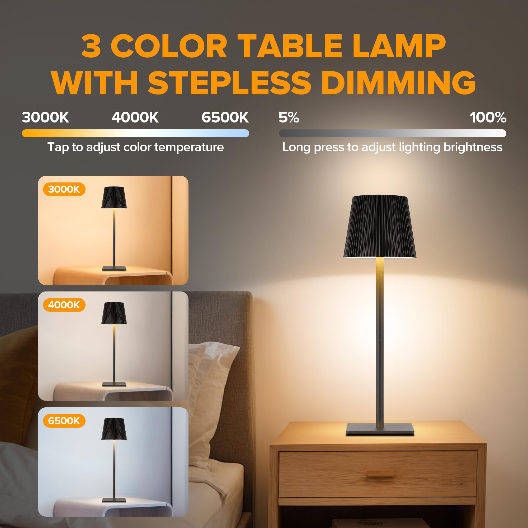 LUTEC Cordless Table Lamp, 6000mAh Rechargeable, Waterproof, Touch Control, 14.57inch, Black, Model 850330-2pcs