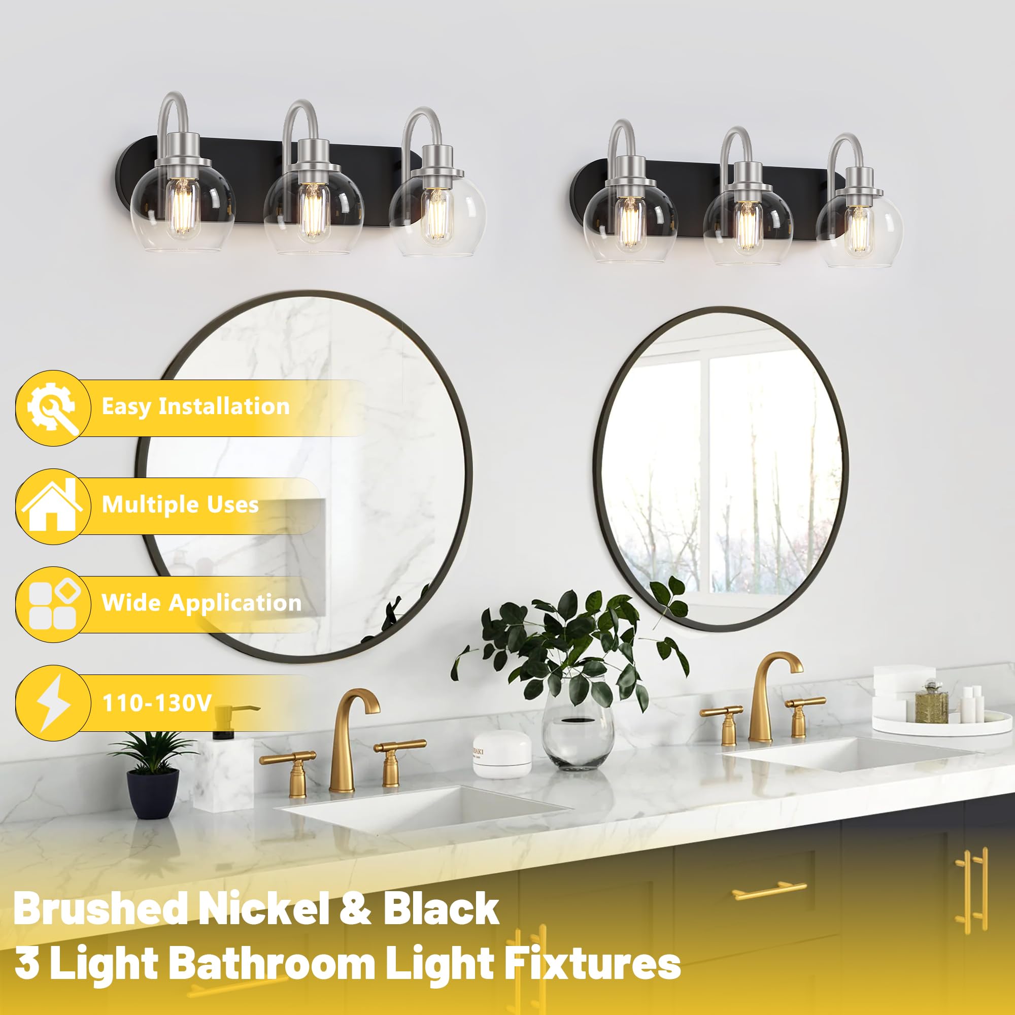 Dpyrrhic 3-Light Bathroom Vanity Light Fixture, Metal In Matte Black & Brushed Nickel, Modern Design With Clear Glass Shade