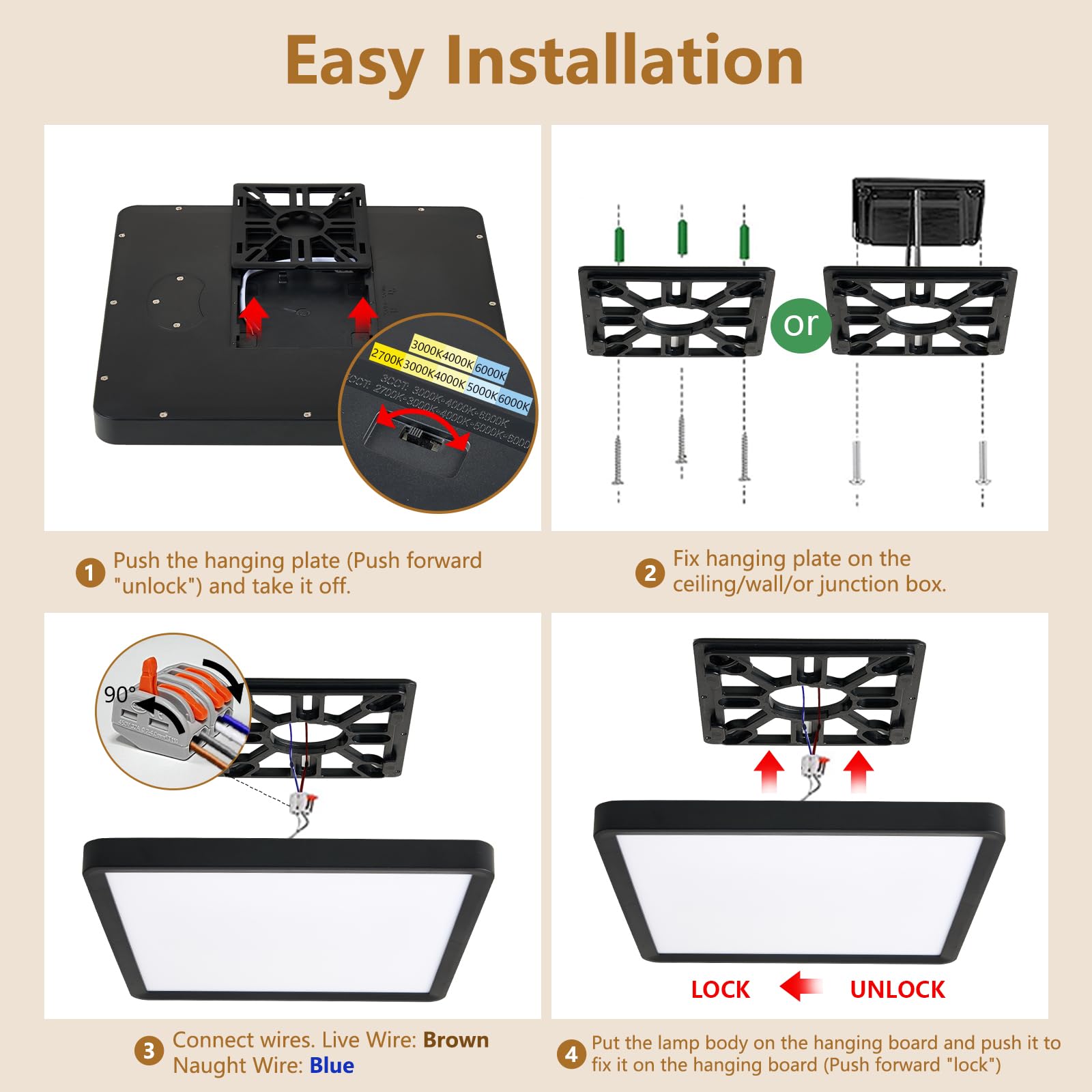 Tlz Tlz Lighting 12 Inch 6Pk Square Led Flush Mount Ceiling Light  30W  3000Lm 3000K/4000K/6000K Cct Selectable  Square Led Flat Panel Ceiling Light Fixture For Bedroom Kitchen Living Room (Black)