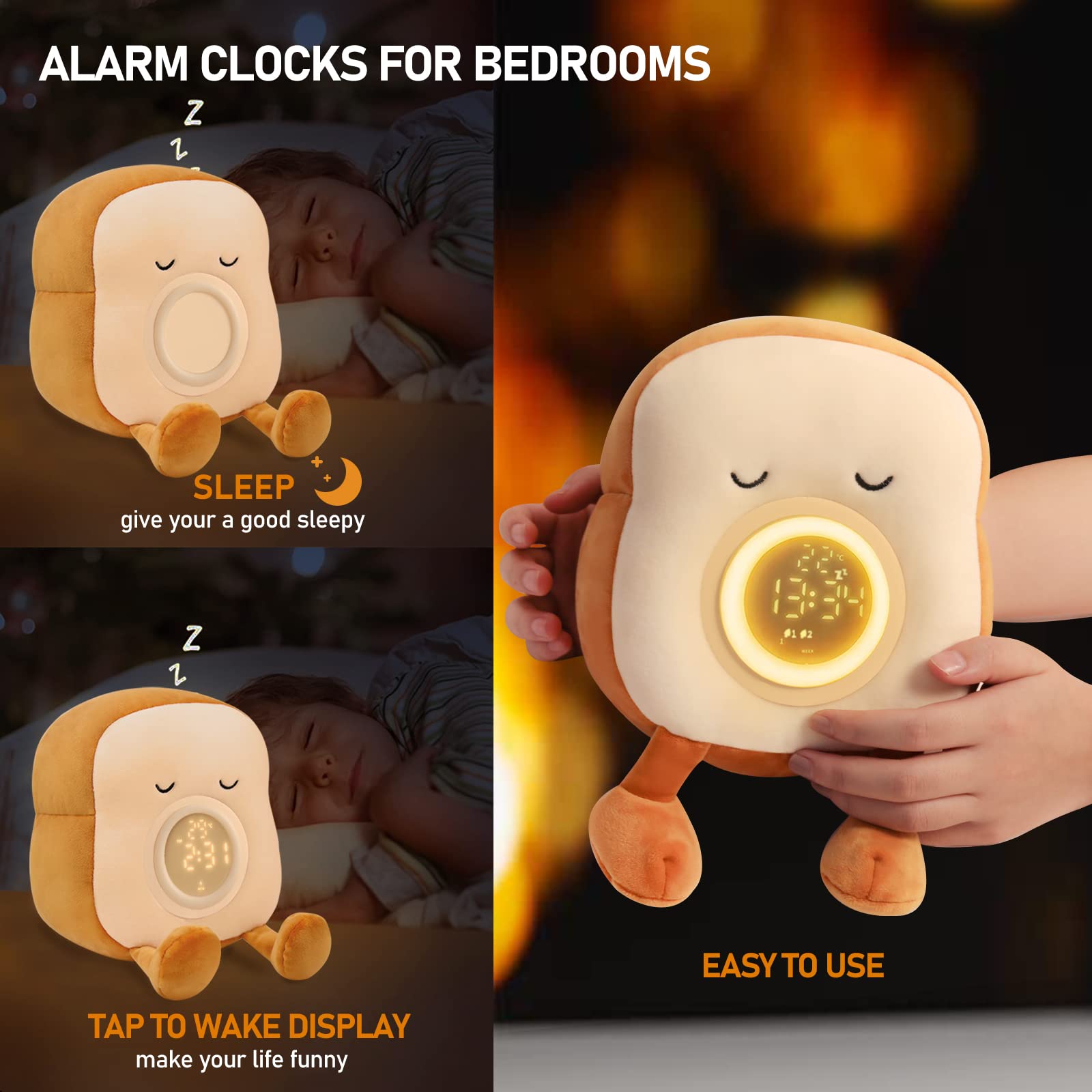 QANYI Kids Night Light Plush Toast Bread Alarm Clock, Big Yellow Polyester, Model Sleepy, Perfect Gift for Girls Ages 6-11