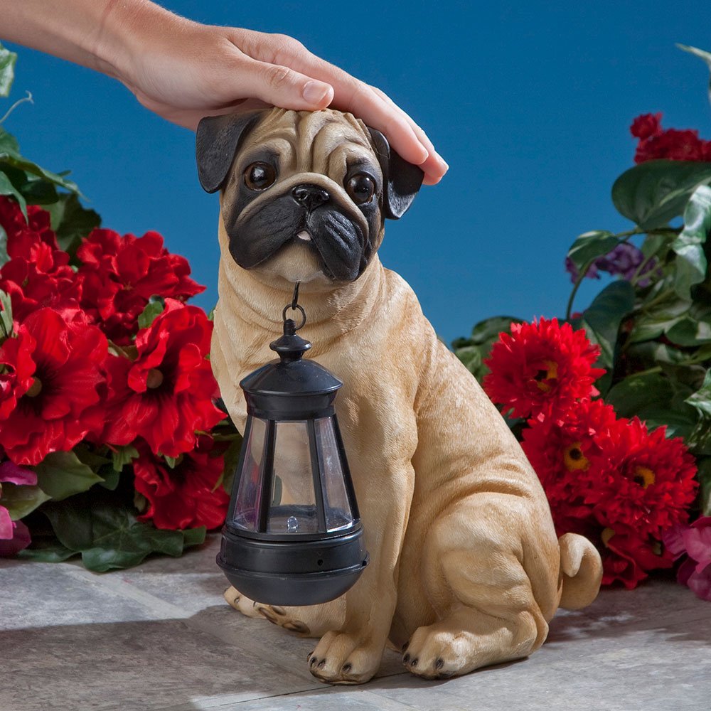 Bits and Pieces - Fawn Pug Solar Lantern Statue - Solar Powered Garden Lantern - Resin Dog Sculpture with LED Light - Outdoor Li