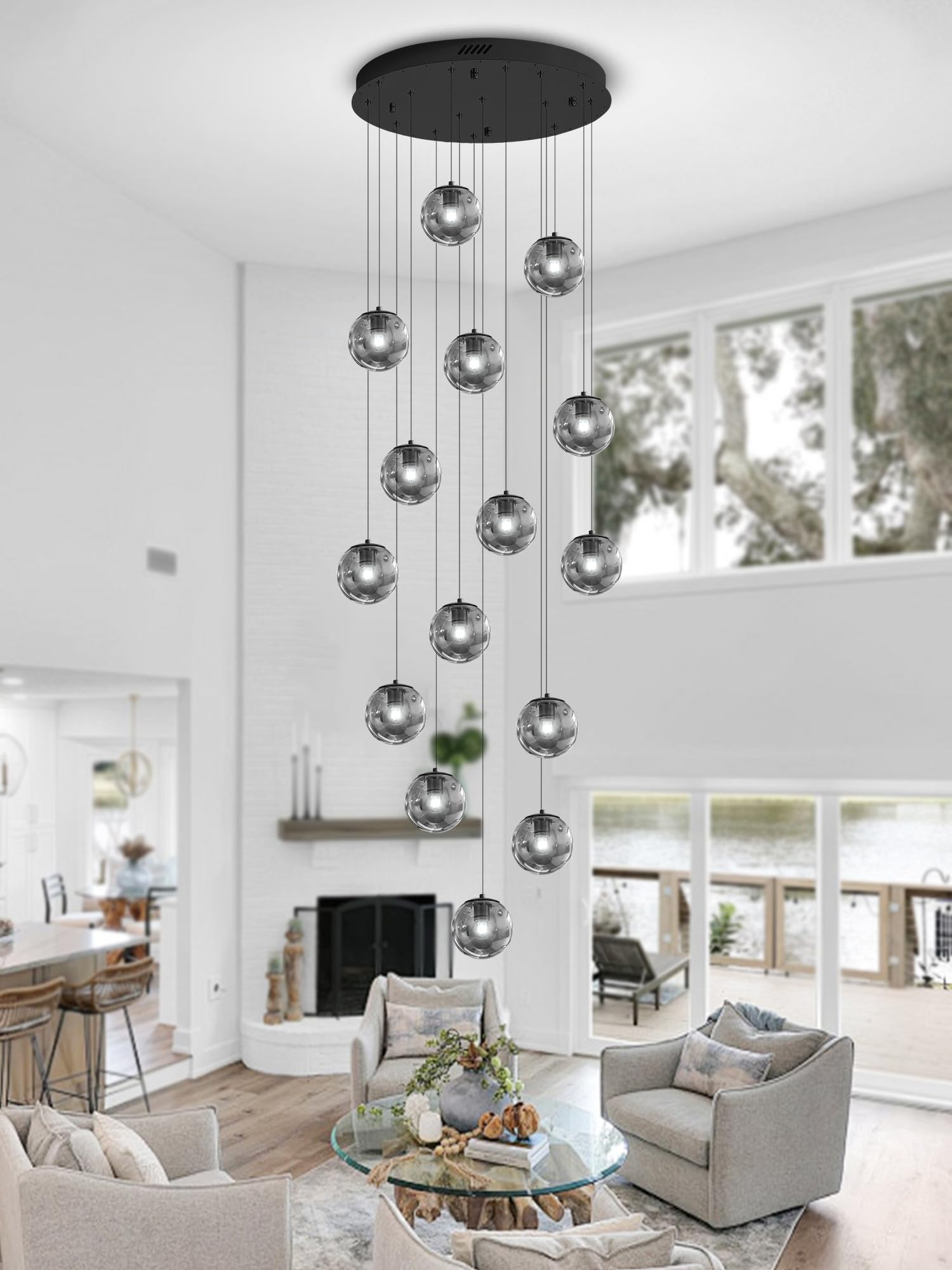 ykolupty Modern Smoke Gray Glass Globe Chandelier 15-Light Metal Pendant Light for High Ceilings, Living Room, Foyer, Model TP3016-YH-15H