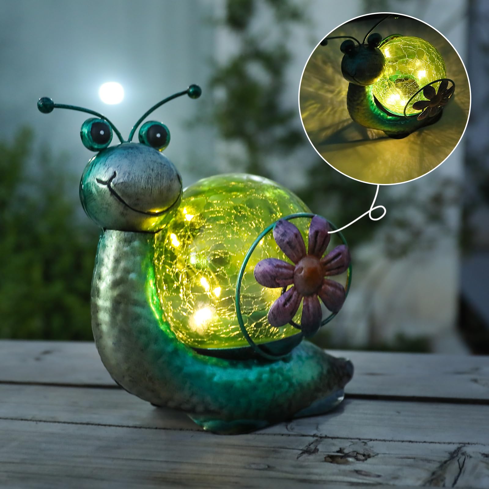 MUMTOP Solar Lantern - Waterproof LED Snail Tabletop Light for Patio & Garden - Green Glass Decor