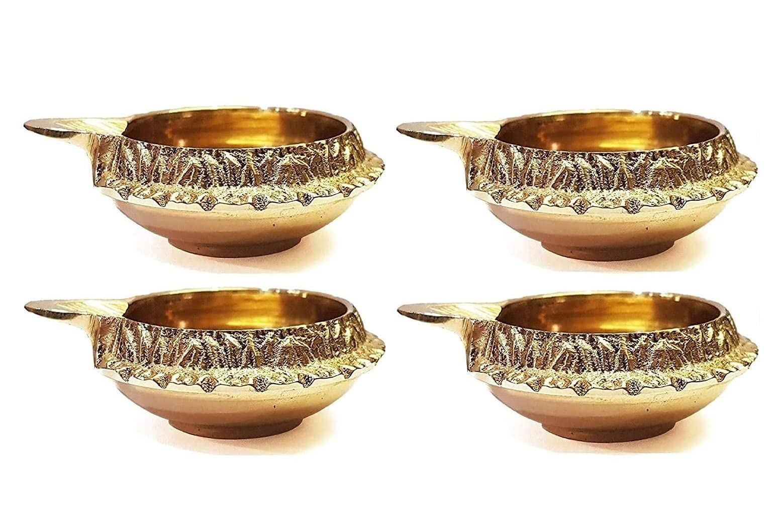 SATVIK 4 pc Kuber Diya for Diwali Decoration. Handmade Oil Lamp with Golden Engraved Made of Virgin Brass Metal. Diwali Diya Vil