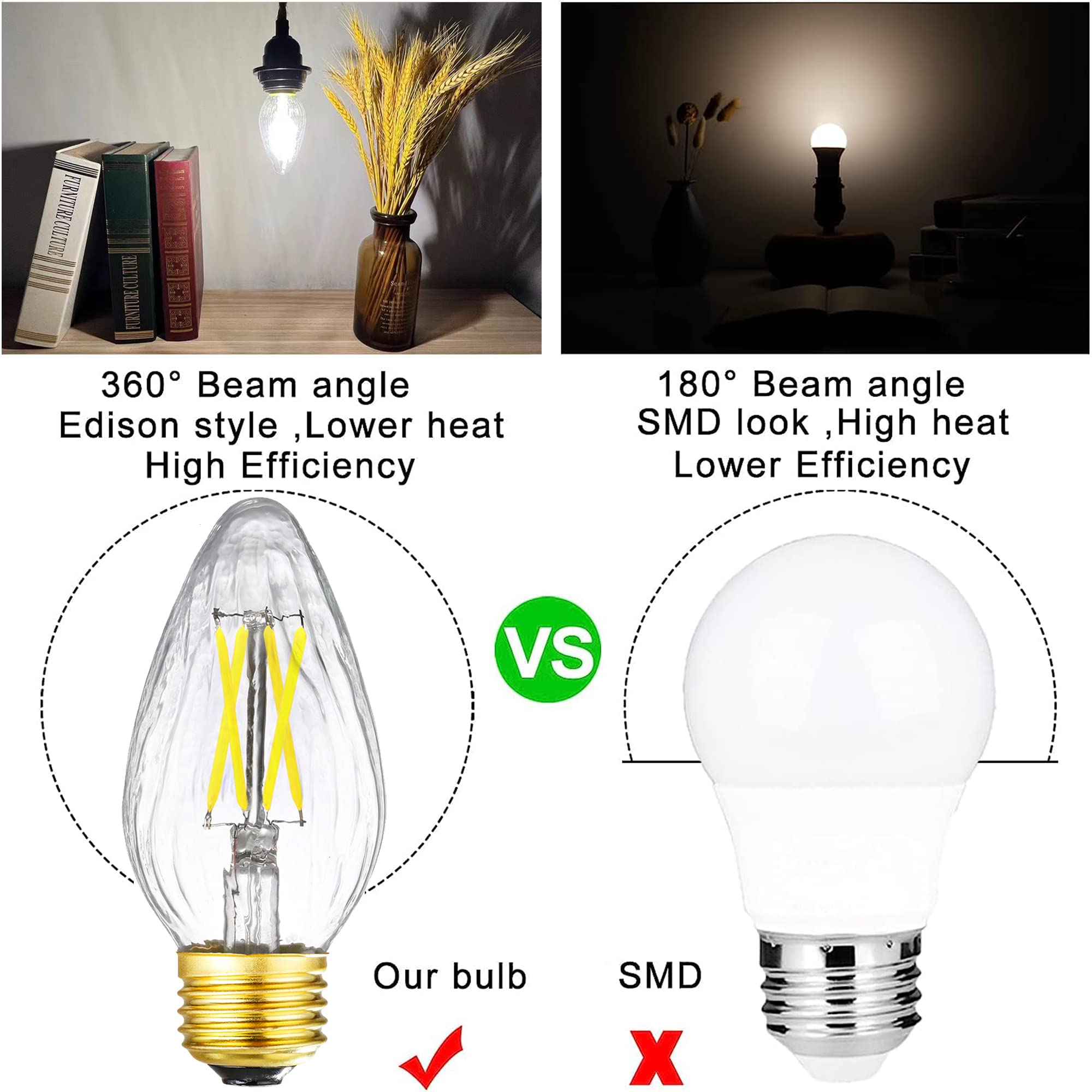 Leools E26 Edison Bulb 6W Equivalent E26 Led Bulb 60 Watt Dimmable 4000K E26 Light Bulb Ac120V Neutral White 600Lm Flame Wrinkle