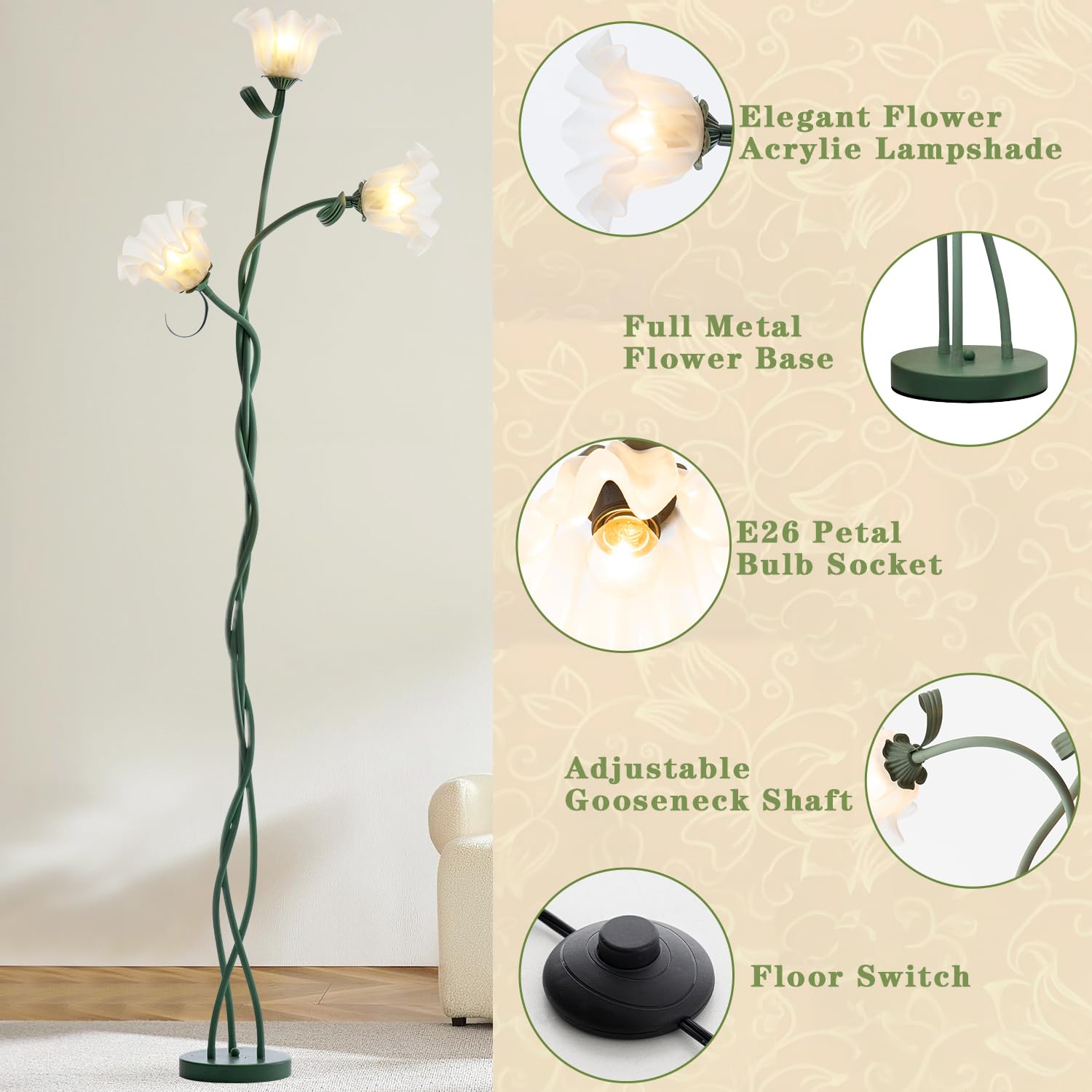 Werfop Flower Floor Lamp For Living Room,? Vintage Tall Flower Reading Lamp Flexible Gooseneck Corner Standing Light With Led Bulb For Bedroom Living Room Office Home Decor