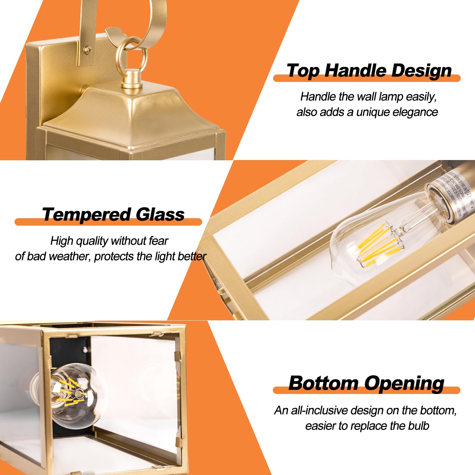 Yolsunes 15 Inch Gold Outdoor Wall Sconces, Waterproof Modern Lanterns With Clear Glass - 2 Pack