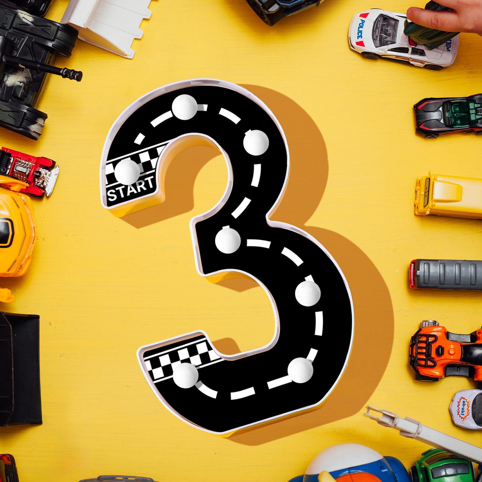 AXBMM Racing Car Light Up Sign - Checkered Birthday Decorations, Number 3, PP Plastic, White/Black, Model XY-300