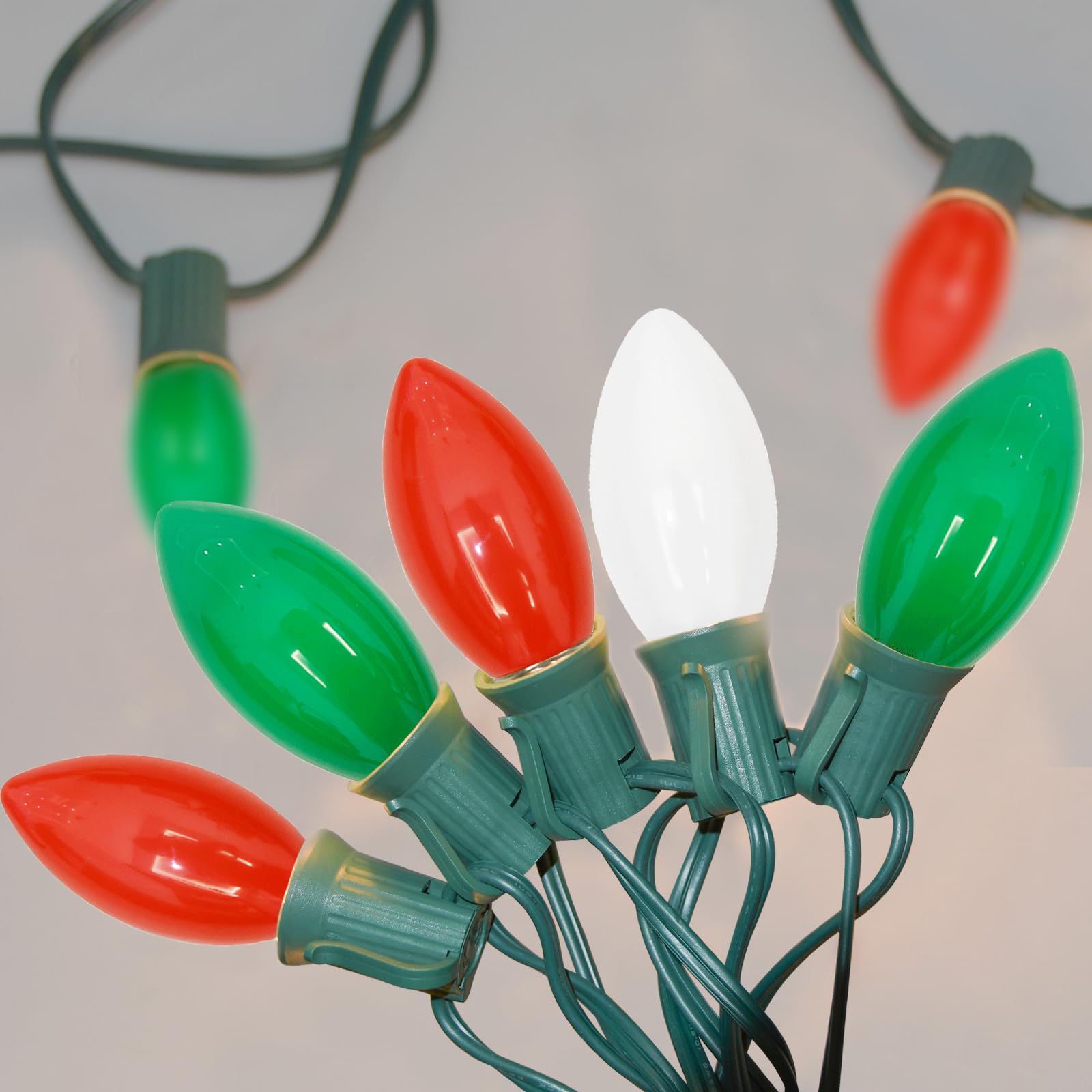 SUNSGNE C9 LED Outdoor Vintage Christmas Lights, 25FT Christmas Tree Lights with 26 0.6W LED Red Green White Lights(1 Spare) for