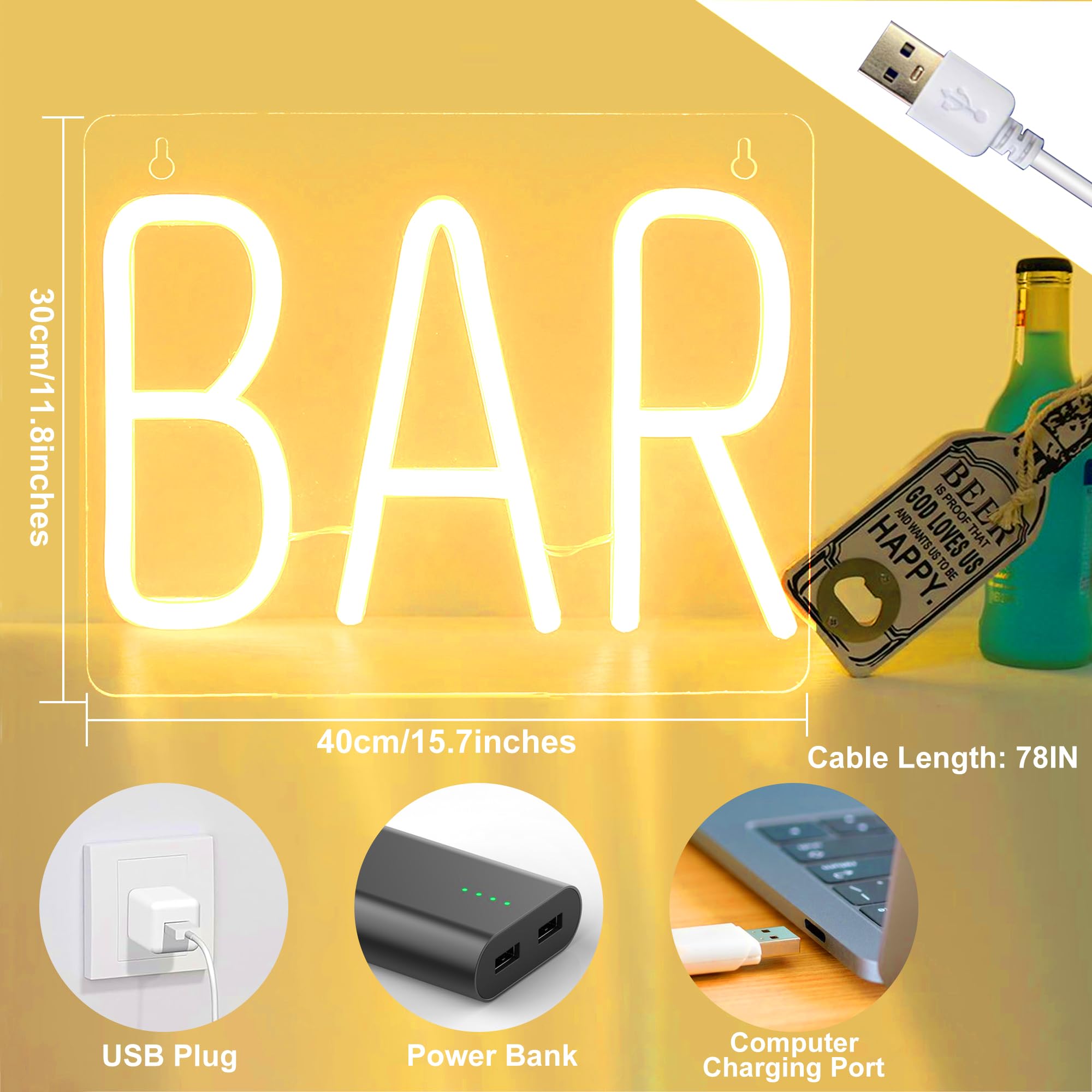Jiuruiffc Neon Bar Sign - Usb Powered Led Wall Decor, Warm White, Model 10, Acrylic Material, Perfect For Home Bar Or Party