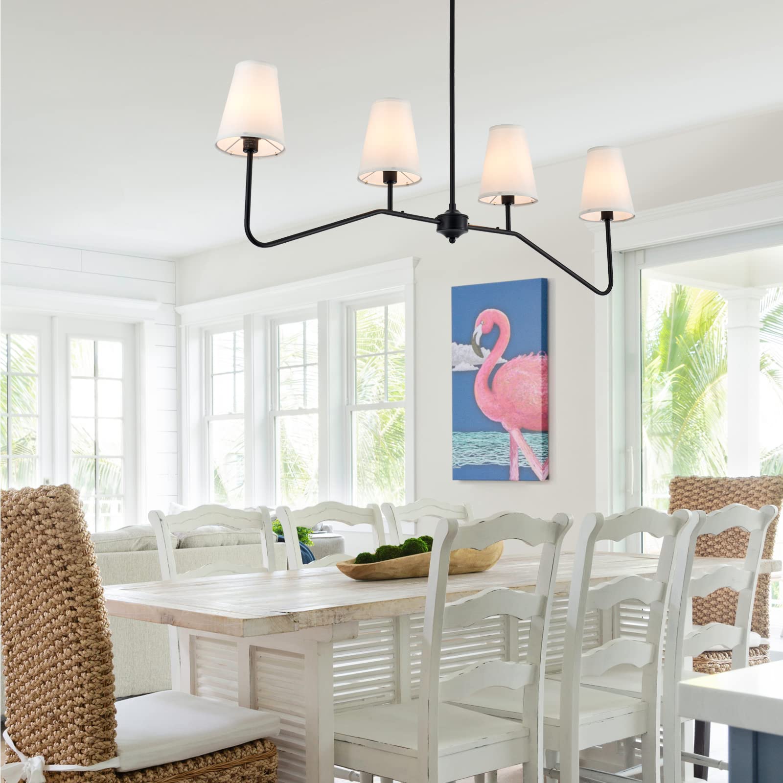 VILUXY Classic Linear Chandelier 4-Light Off-White Fabric Pendant Lighting for Kitchen, Dining, Living Room