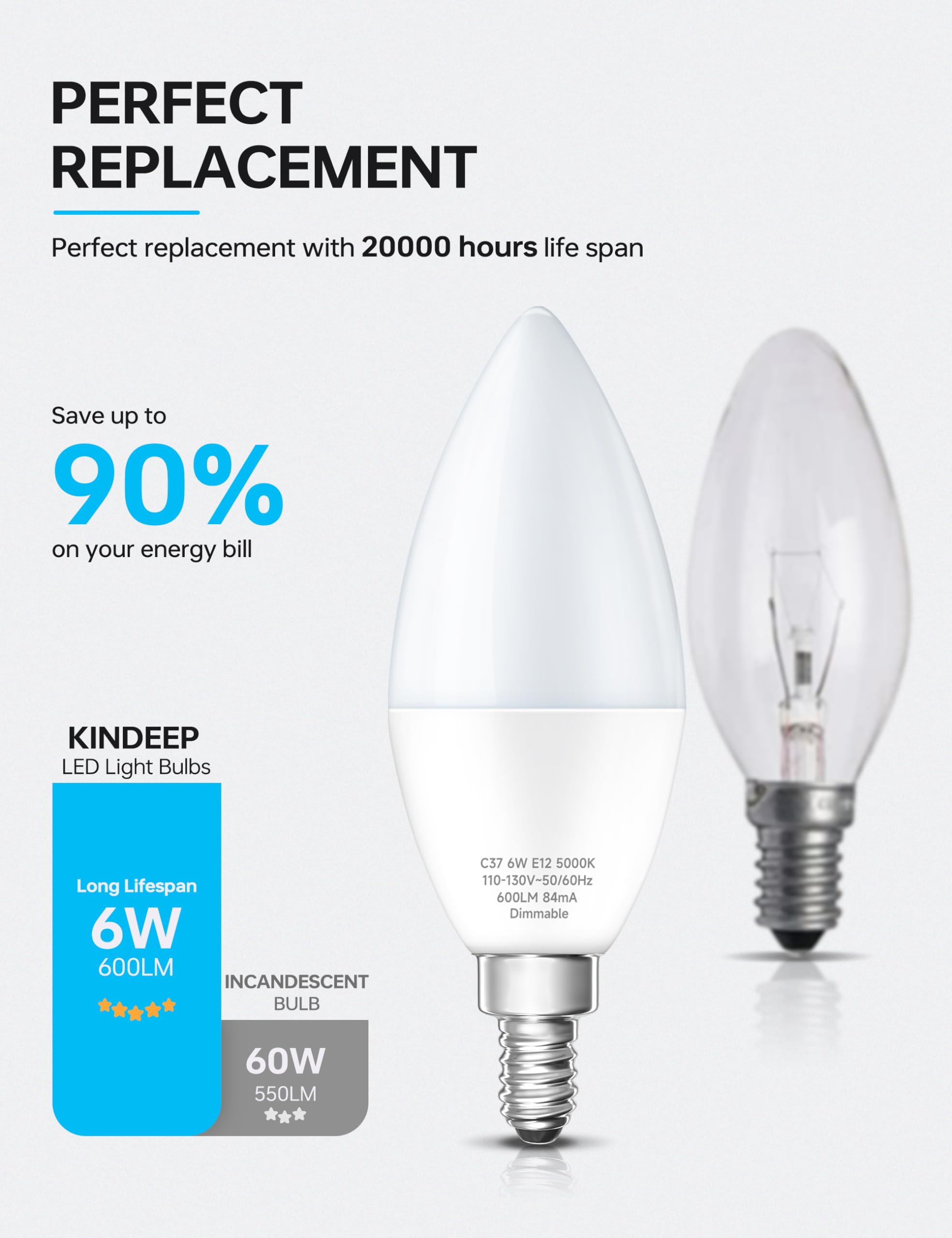 KINDEEP LED Candelabra Light Bulbs, 6W Dimmable, Daylight 5000K, E12 Base, 600LM, 6 Pack, Ideal for Chandeliers