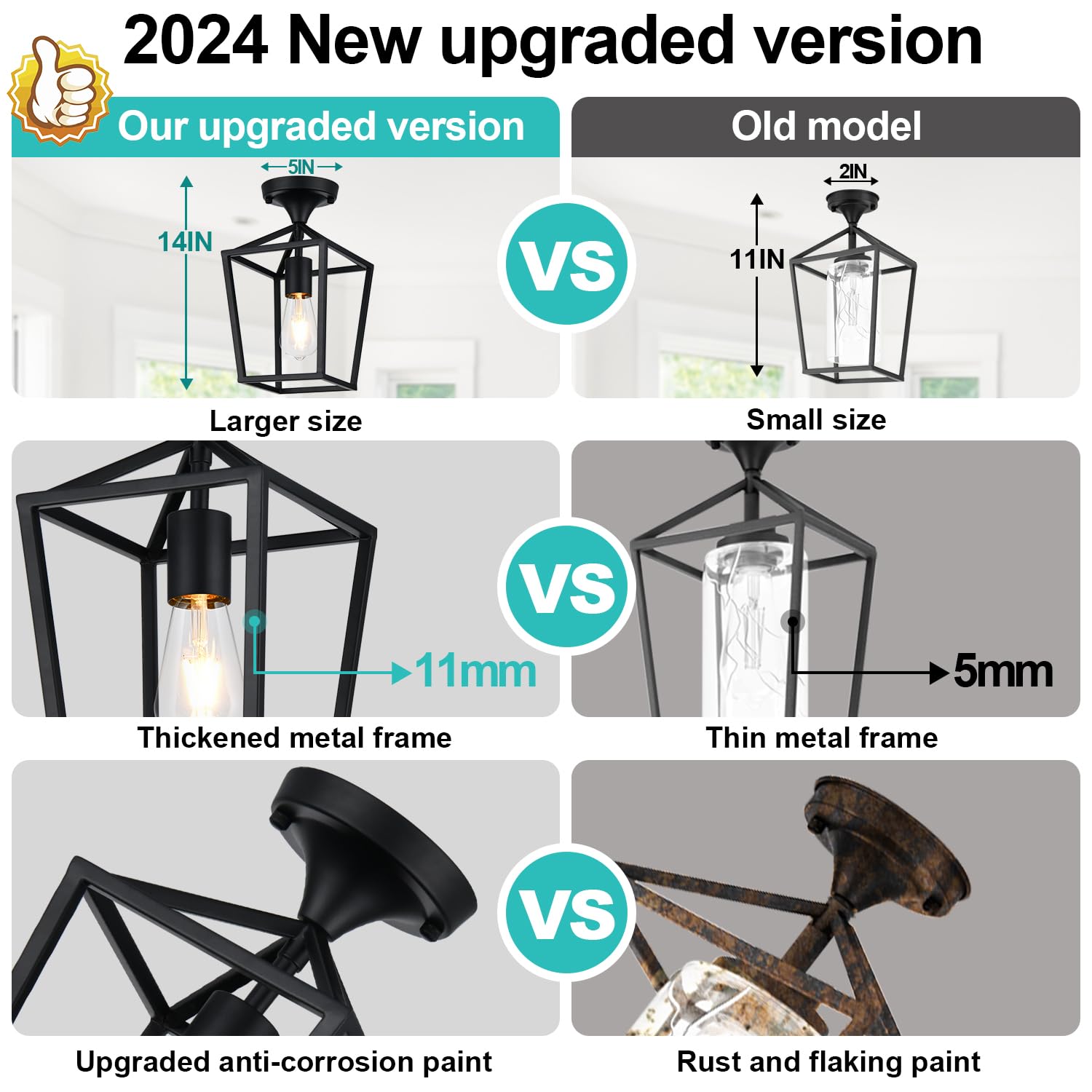 ?Upgraded? Semi Flush Mount Ceiling Light, Black Industrial Ceiling Light Fixtures, Farmhouse Light Fixture For Entryway Porch H