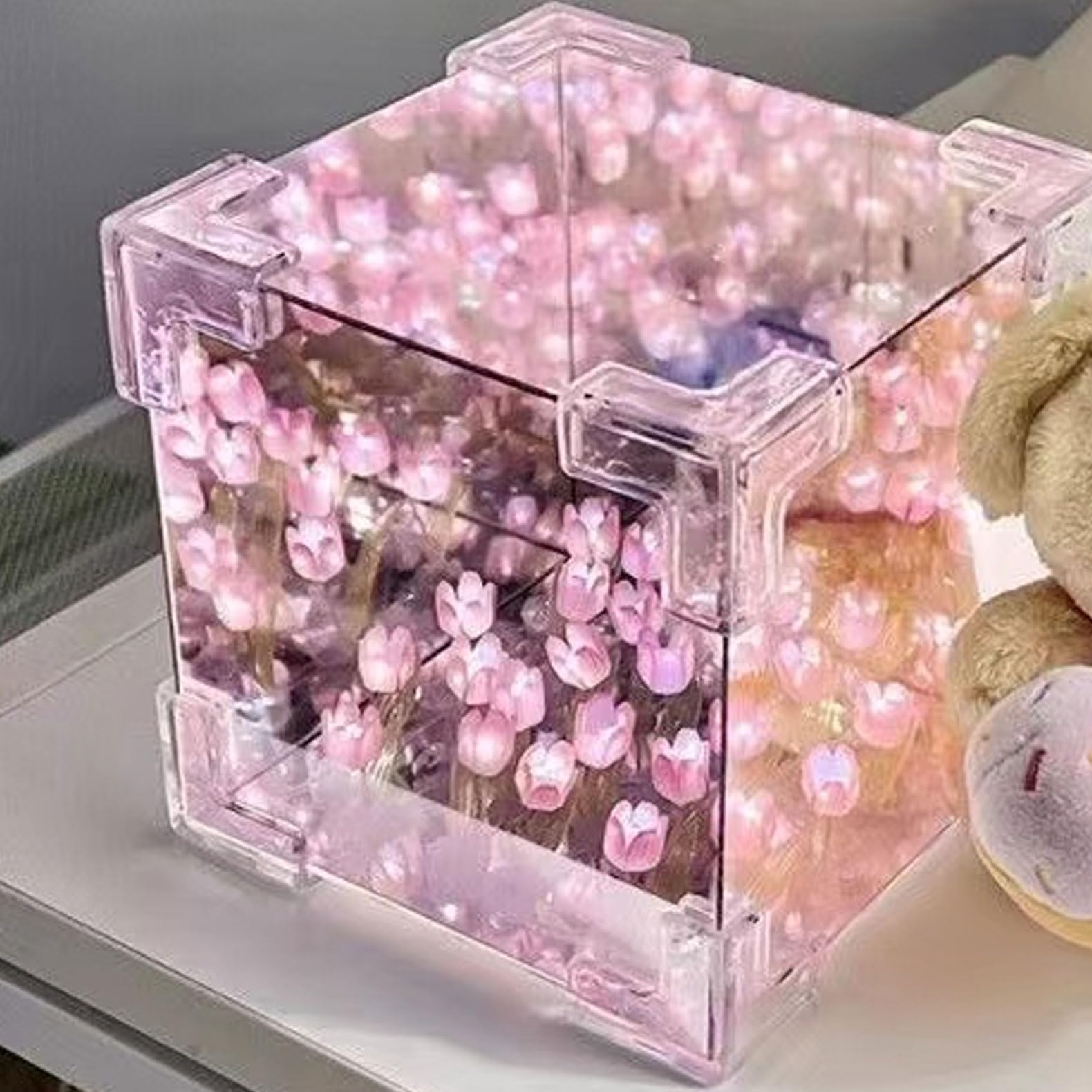 30 Flowers DIY Tulip Cube Mirror Lamp Tulip Flower Table Lamp & Mirror 2-in-1 USB Tulip Mirror Night Lights for Bedroom Creative Gift for Mom Girl Couple Friend Birthday(Purple)