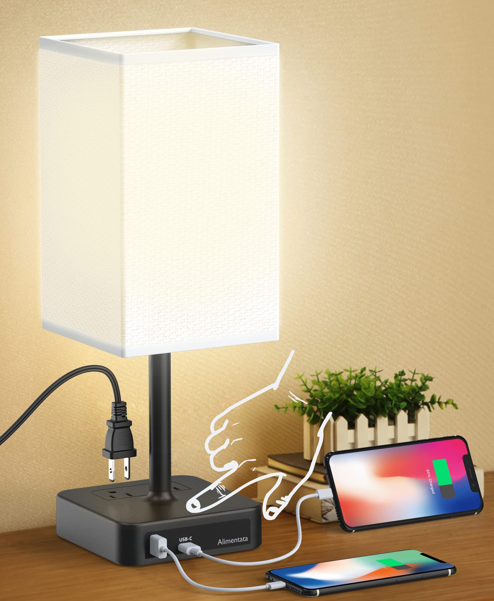 Alimentata Touch Control Bedside Table Lamp with USB C & USB A Charging Port and 2 AC Outlet  Minimalist LED Desk Light with Charger Base Brown Fabric Shade for Bedroom/Nightstand/Office