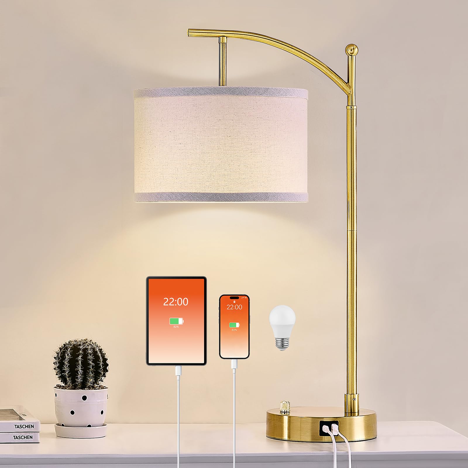Hikczc Table Lamp for Living Room Bedroom  23.5 Table Lamp with USB C+A Ports  Bedside Lamp for Nightstand with Linen Lamp Shade  Dimmable LED Bulb Included  Gold