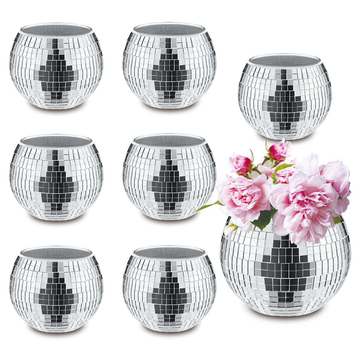 MXOYOXM Silver Disco Ball Vase Set, 8 PCS Glass Planter Candle Holder, 3x4in for Weddings, Birthdays, Office, Bedroom