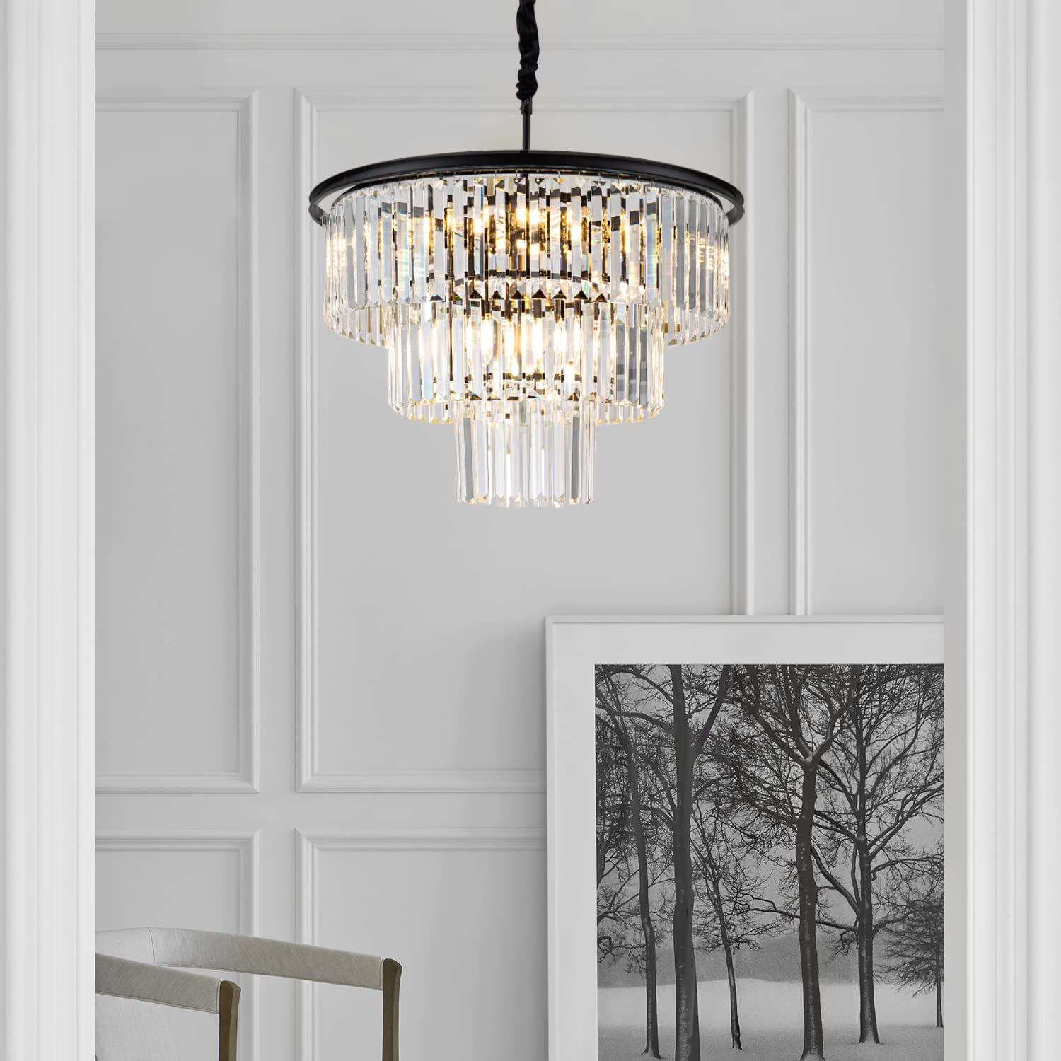 Brfaixla 12 Lights 23.64 Black Modern Crystal Chandelier Crystal Pendant Ceiling Light Fixture 3-Tier Hanging Lighting For Dinning Room Bedroom Living Room Foyer