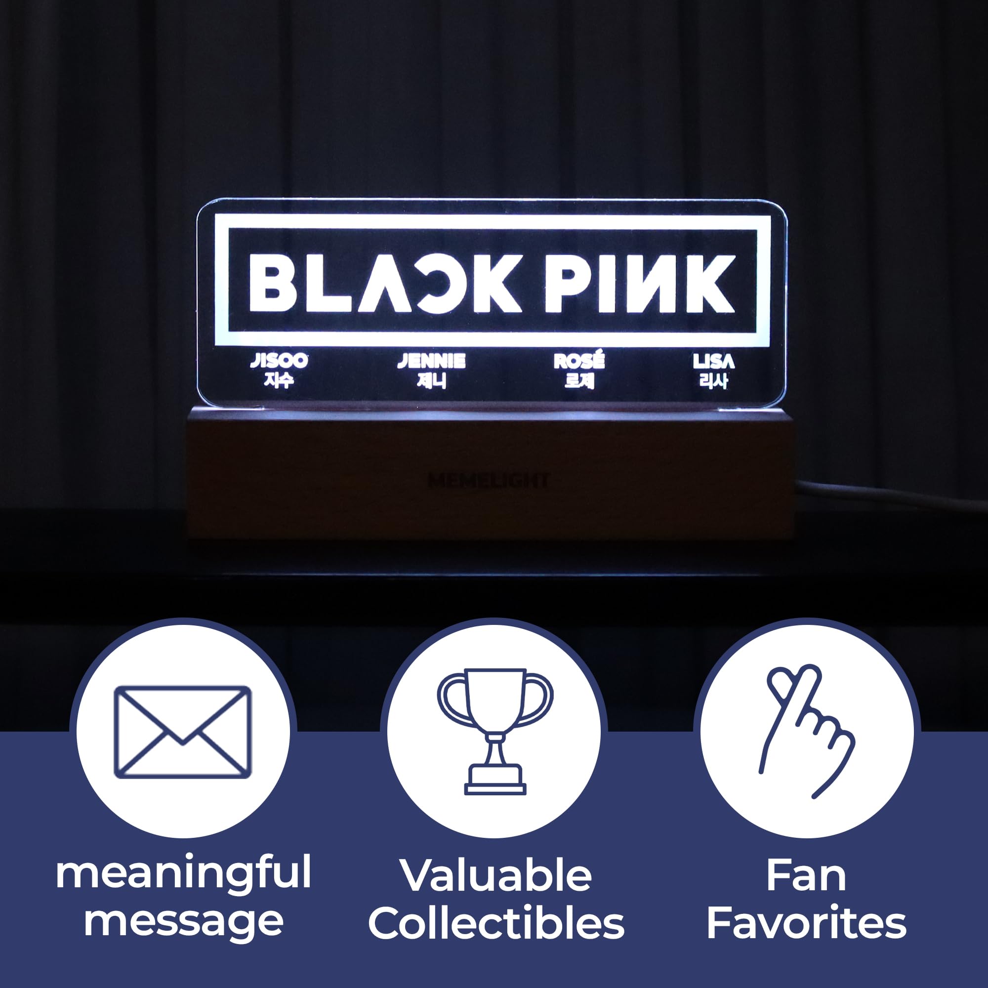 MEMELIGHT Black & Pink Night Light, Kpop Lamp, 7 RGB Colors, Dimmer, Wood, Model ML-VA-02, 8.3 x 4.2 x