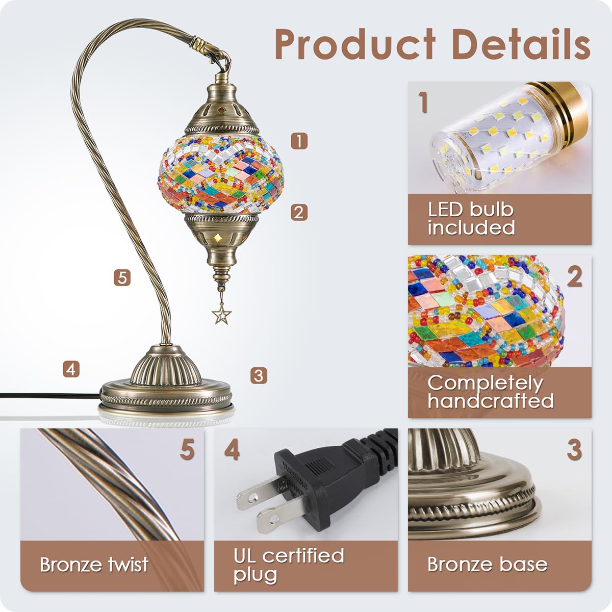 Yarra-Decor Turkish Moroccan Lamp - Bronze Base, 3-Way Color Changing, Handmade Tiffany Mosaic Glass, Colorful Bedside Lamp (LED Bulb Included)