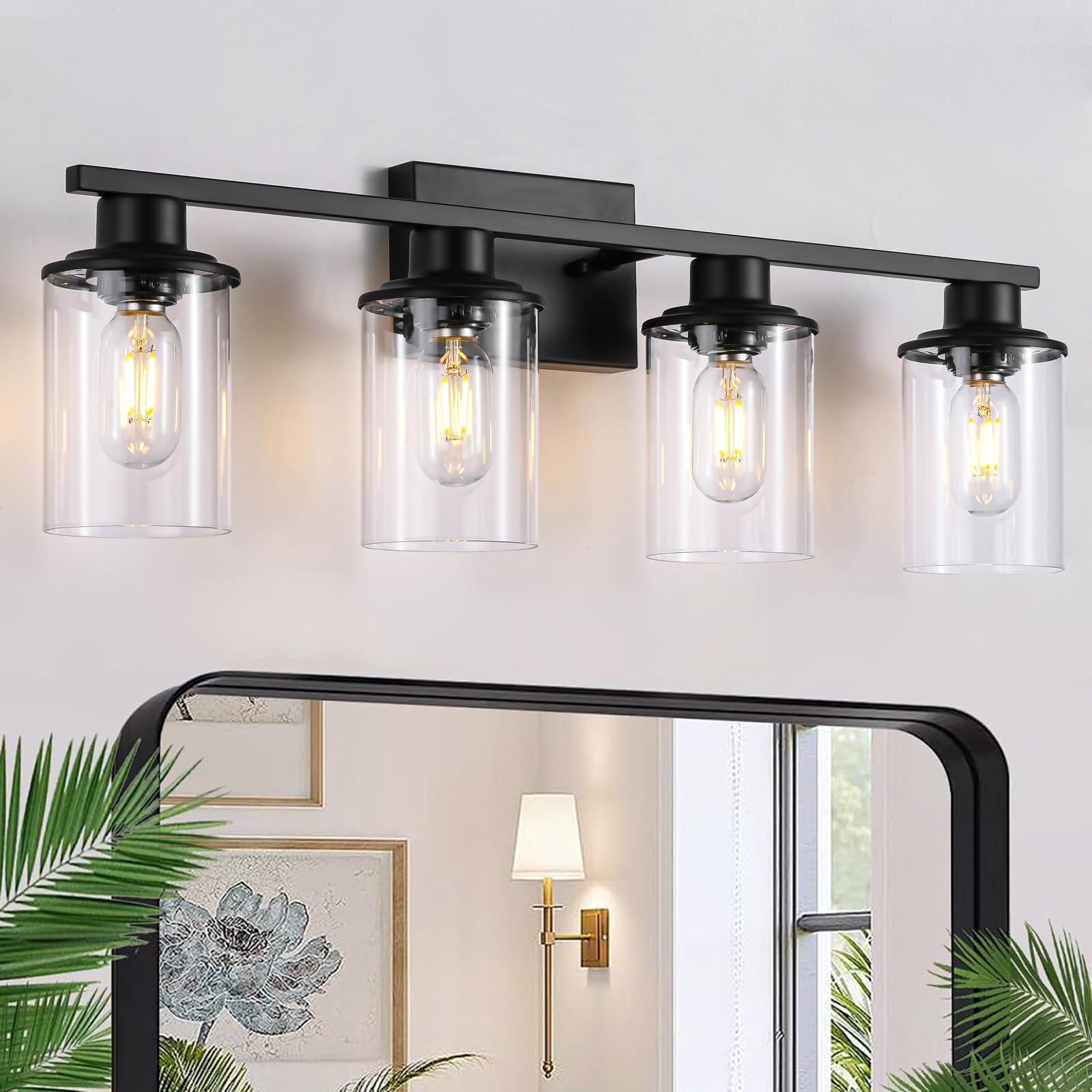 Lousace 4 Light Bathroom Vanity Light, Matte Black Bathroom Light Fixtures, Modern Bathroom Lights Over Mirror With Clear Glass Shade, Wall Sconce Lighting For Bathroom Bedroom Living Room
