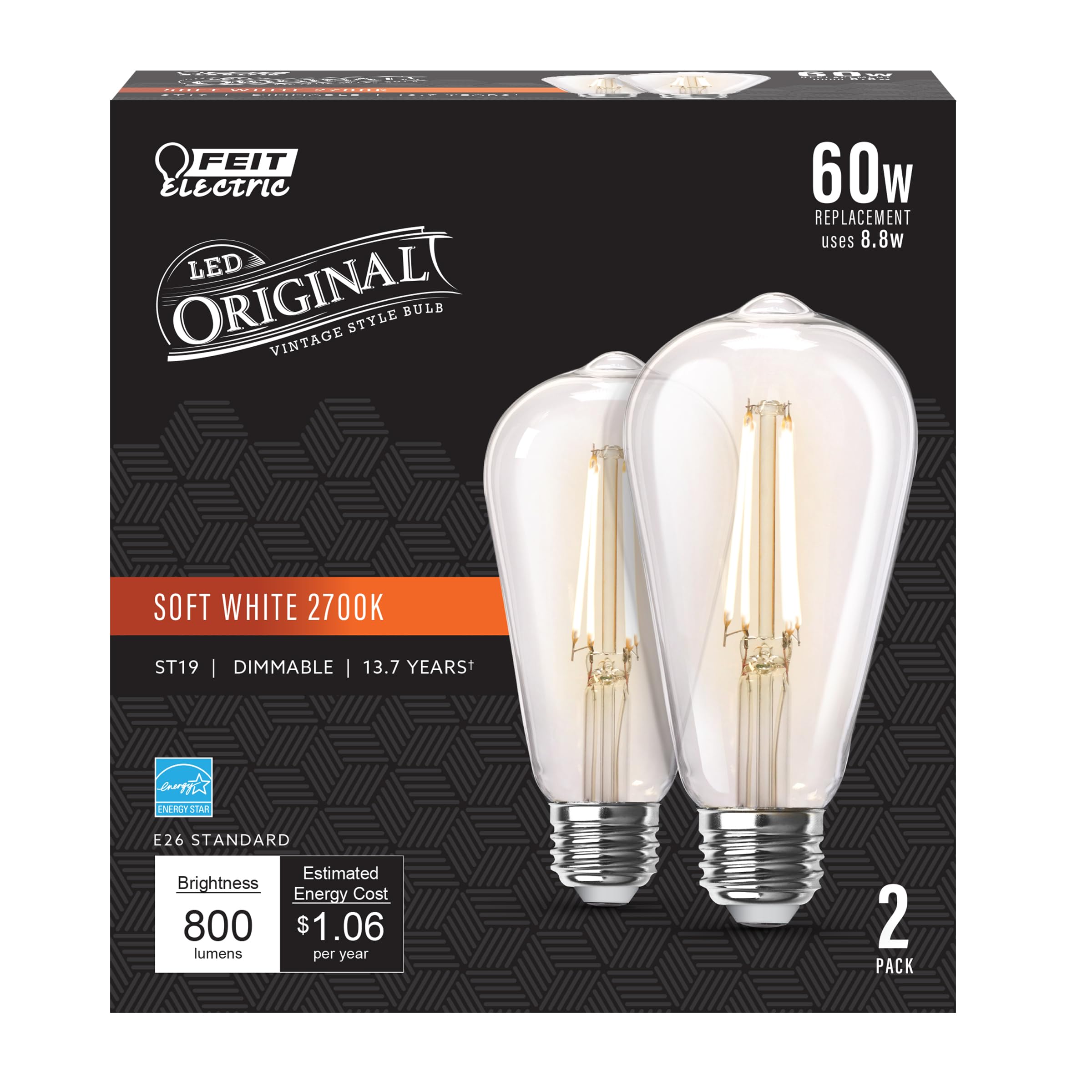 Feit Electric Vintage Edison LED Light Bulb, Dimmable, 60W Equivalent, 2700K Soft White, E26 Base, 2 Pack, Model ST1960/CL/
