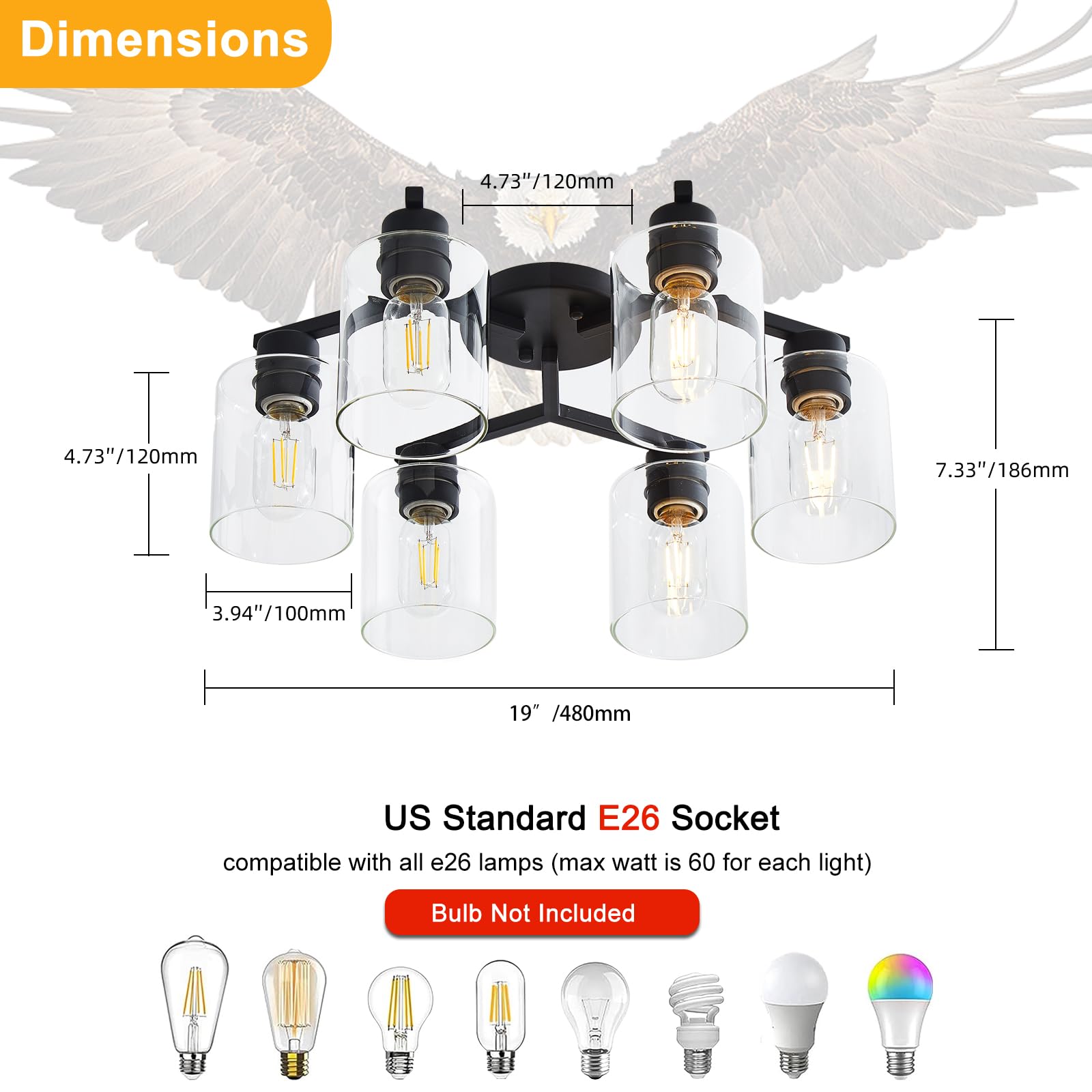 6-Light Semi Flush Mount Ceiling Light Fixture, Black Light Fixtures For Dining Room Ceiling, Large Kitchen Lighting Fixtures Ce