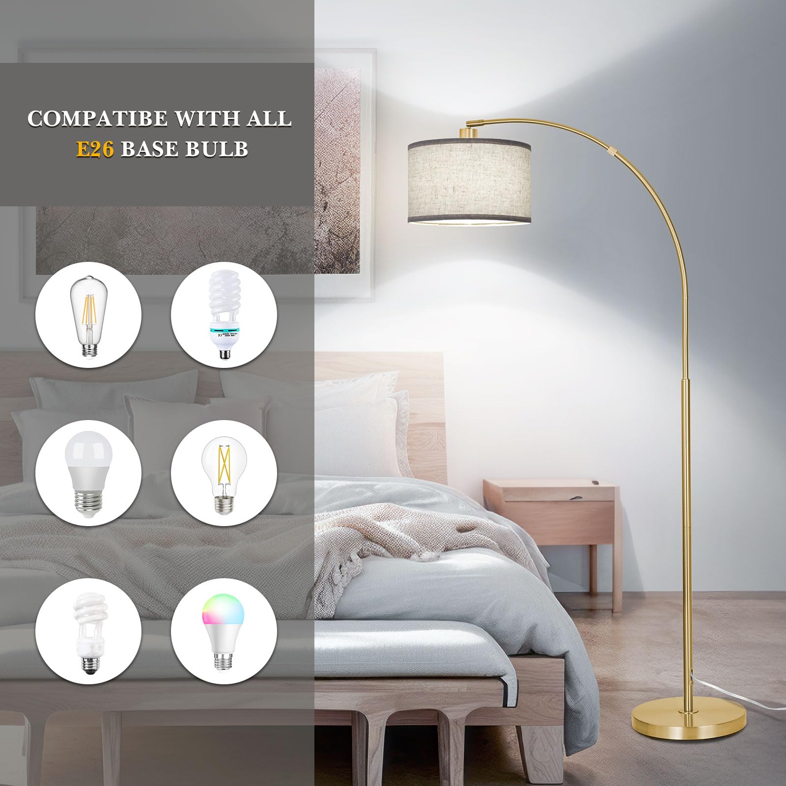 Gold Arc Floor Lamp For Living Room, Floor Lamp With Adjustable Drum Lampshade, Modern Tall Standing Lamp With Foot Switch, Over