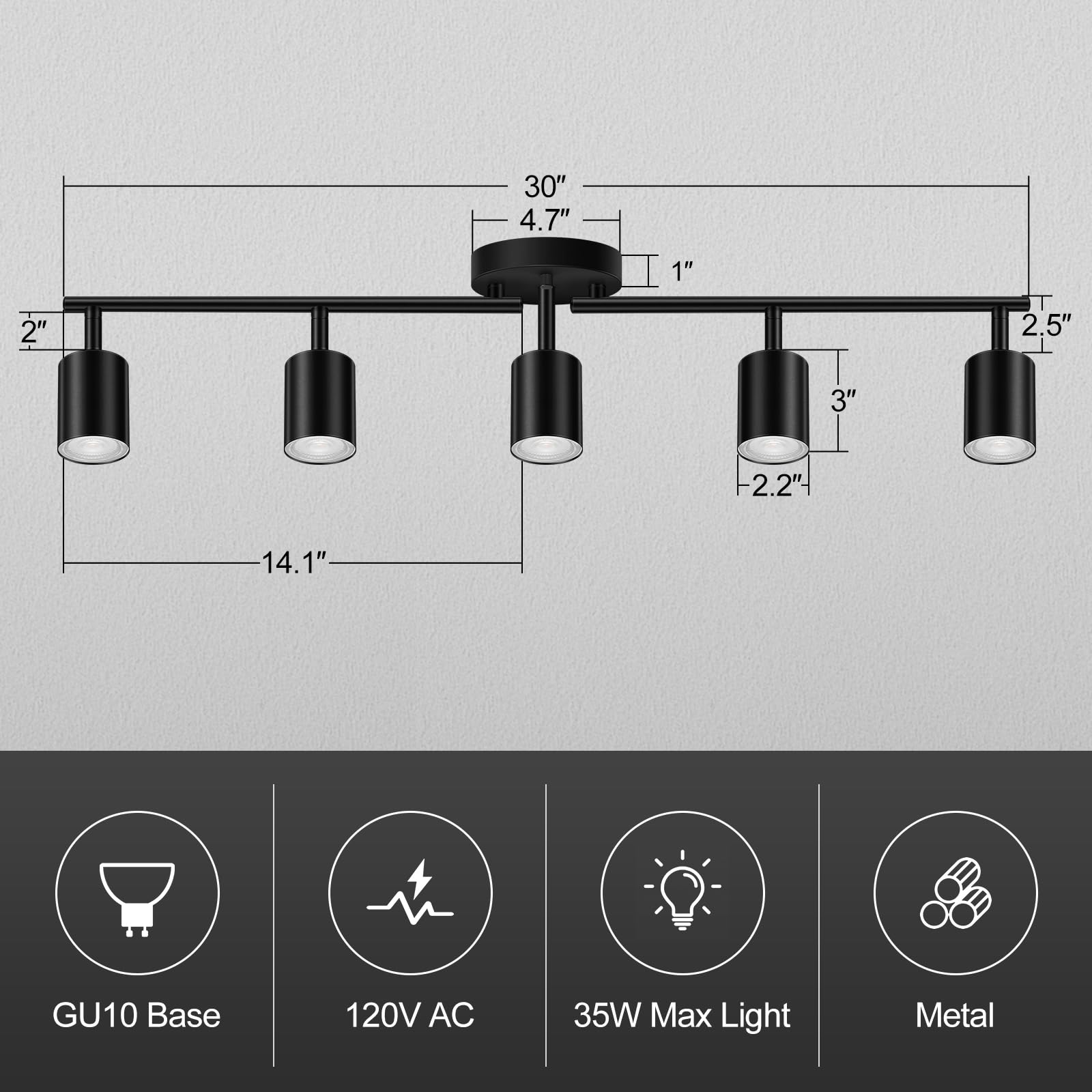 Black Track Lighting Kit Kitchen, 5 Light Track Lighting Fixtures Ceiling, 5 Way Modern Flexible Spot Track Lighting, Industrial