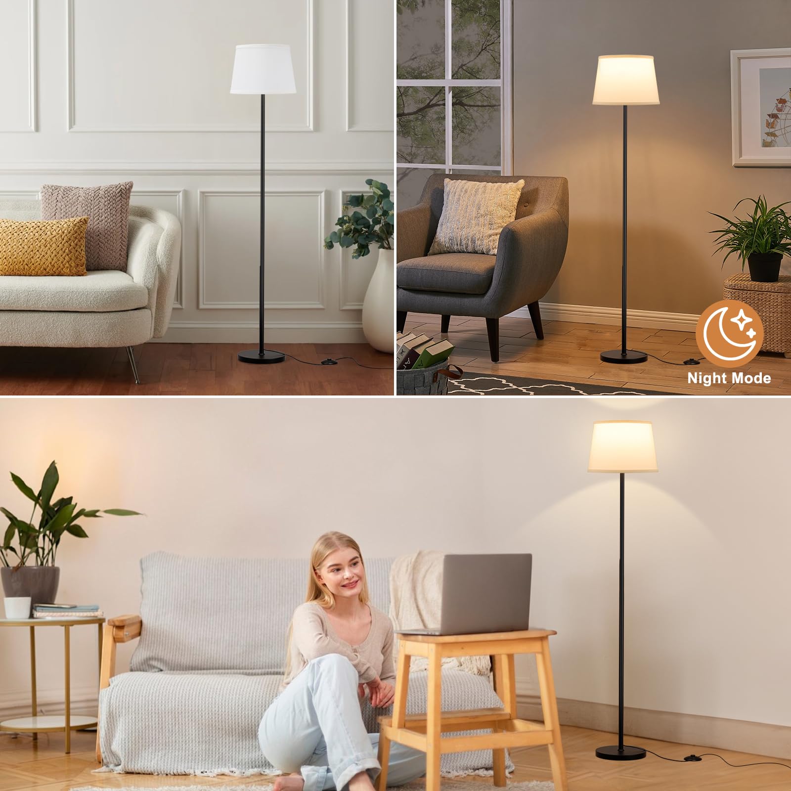 Raexpectis Floor Lamps For Living Room - 3 Color Temperatures Standing Lamp With White Shade, Modern Floor Lamp With Led Bulbs,