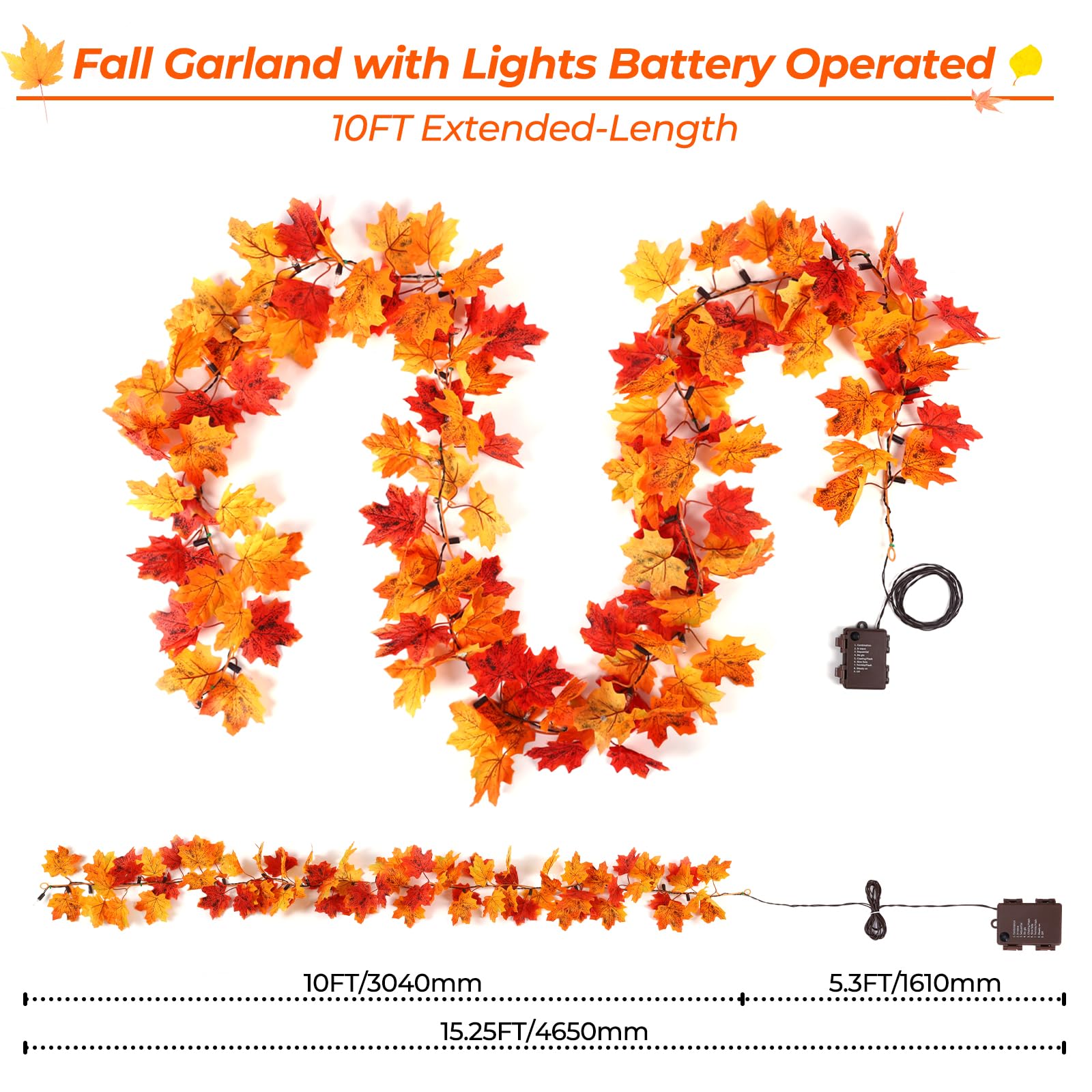 Wabarle Fall Garland with Lights, 10FT Orange Bulbs, Battery Operated, Plastic Leaves, Indoor/Outdoor Thanksgiving Decor