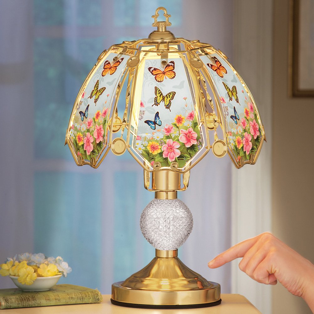 Collections Etc Floral Butterflies Glass Shade 3-Light Touch Lamp - 16 1/2 H