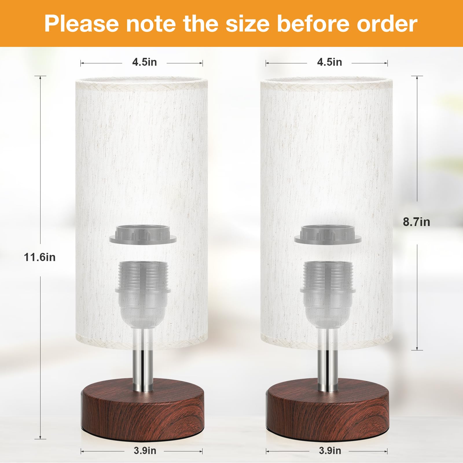 PartageiZ Small Table Lamp Set of 2 - Cream Shade, Walnut Base, 11.6in Inline Control, Ideal for Bedroom, Living Room, Office