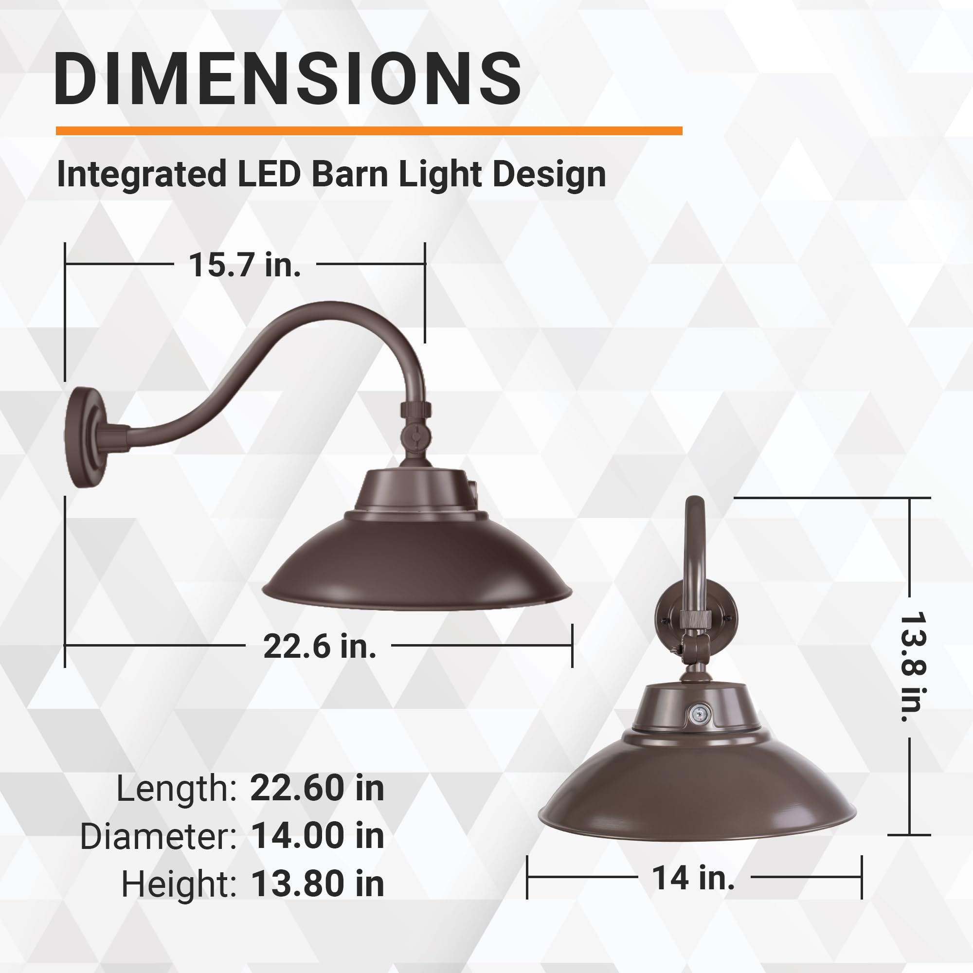 42W/35W/28W Led Brown Gooseneck Barn Light Fixture, 14In Diameter With 15.7In. Long Gooseneck Arm, 30K/40K/50K Cct Switching, Du