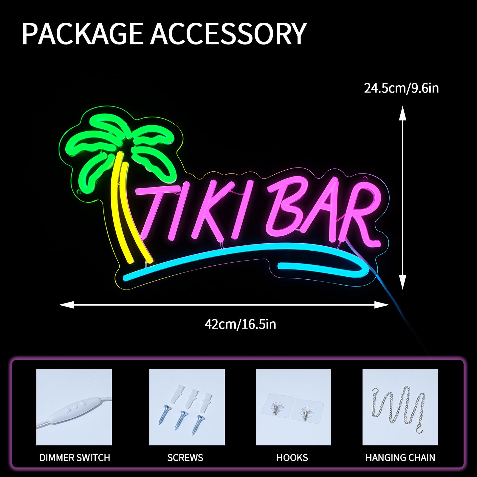 Virlusy Tiki Bar Neon Sign - Dimmable LED Wall Decor, 12-16 inches, Acrylic, Pink Yellow Green Blue