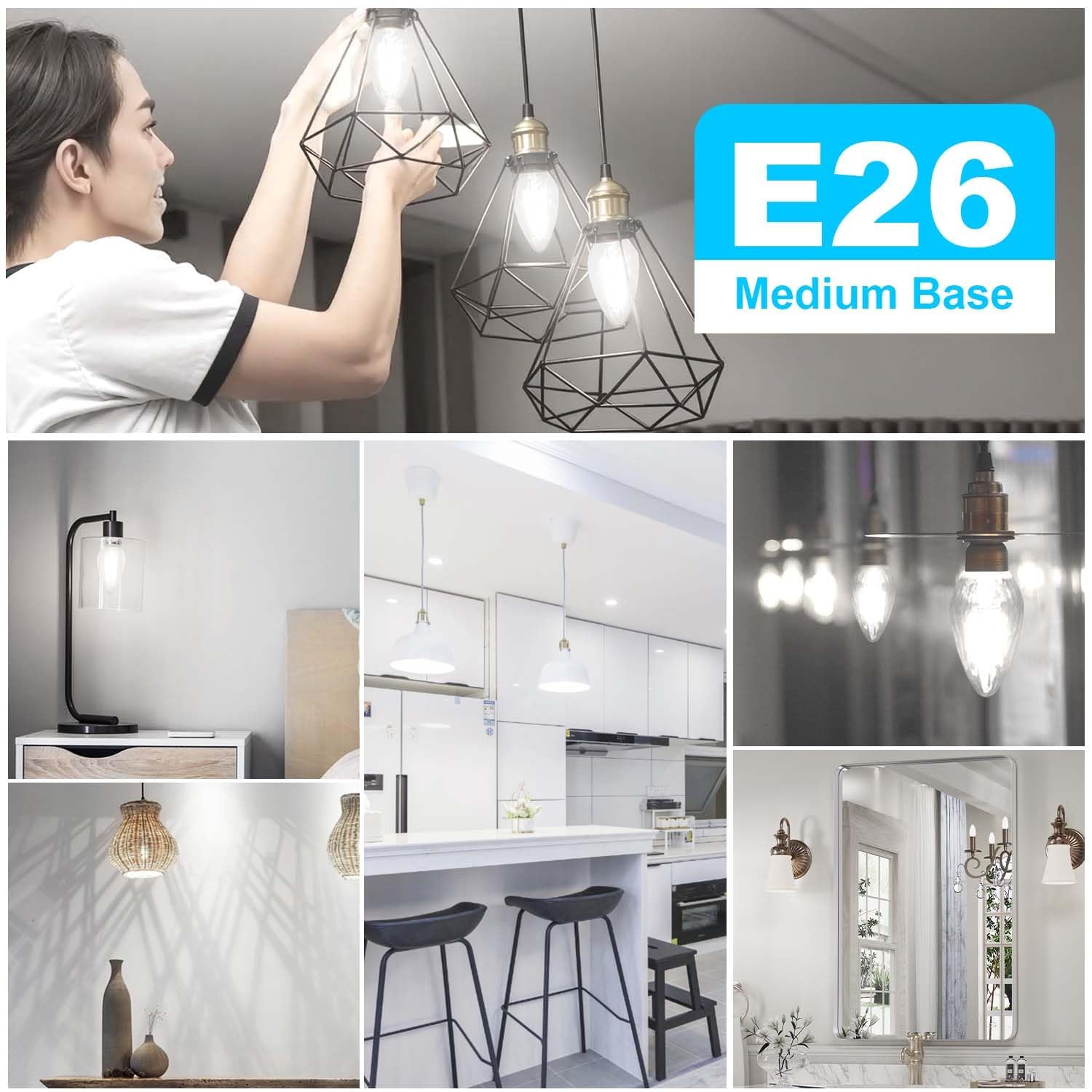 BRIMAX F15 8W LED Light Bulbs, Dimmable, Daylight White 5000K, E26 Medium Base, 4 Pack, Glass