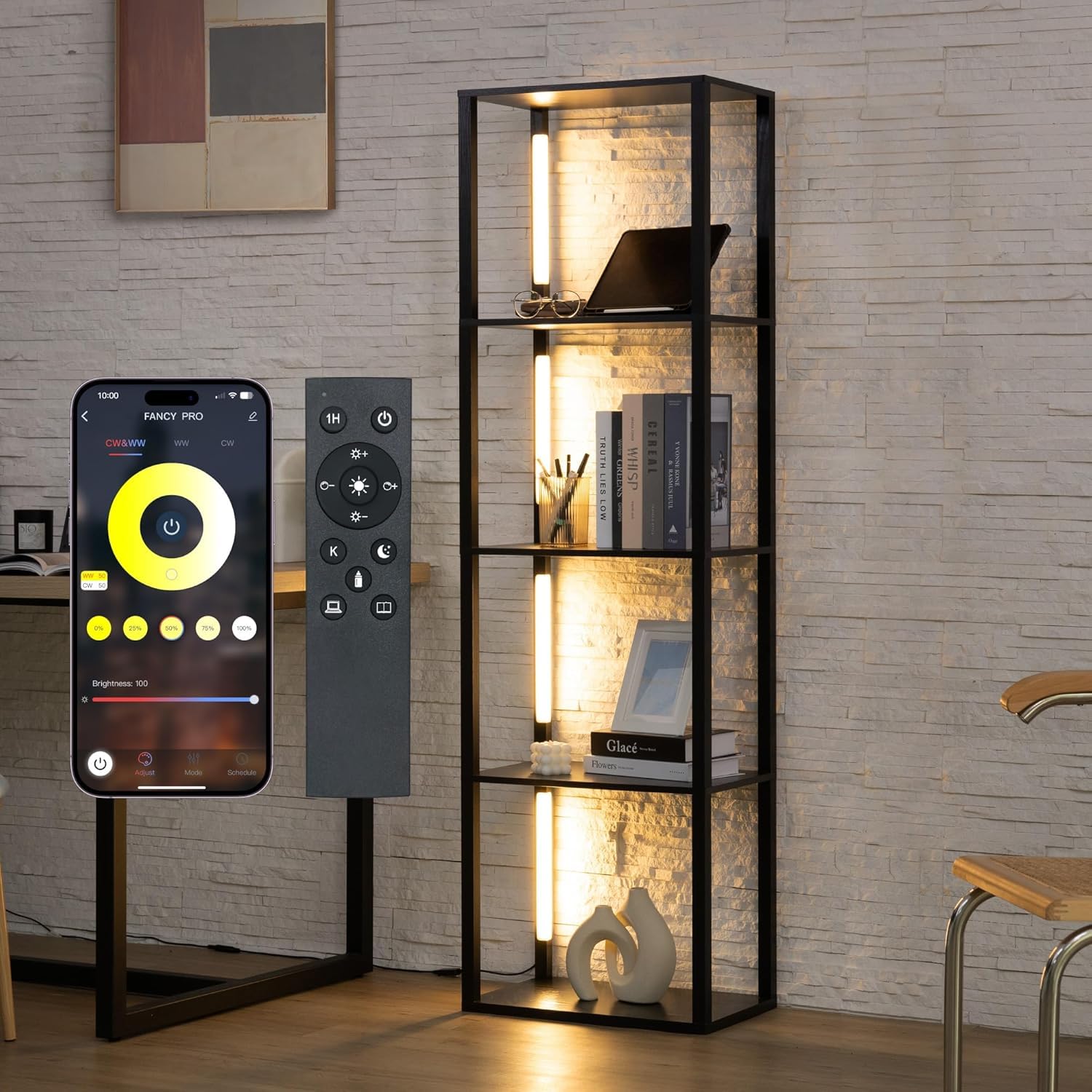 FENLO LED Display Shelf Floor Lamp with Wooden Shelves - Adjustable Lighting with App & Remote - Modern Wide Shelf Lamp for Livi