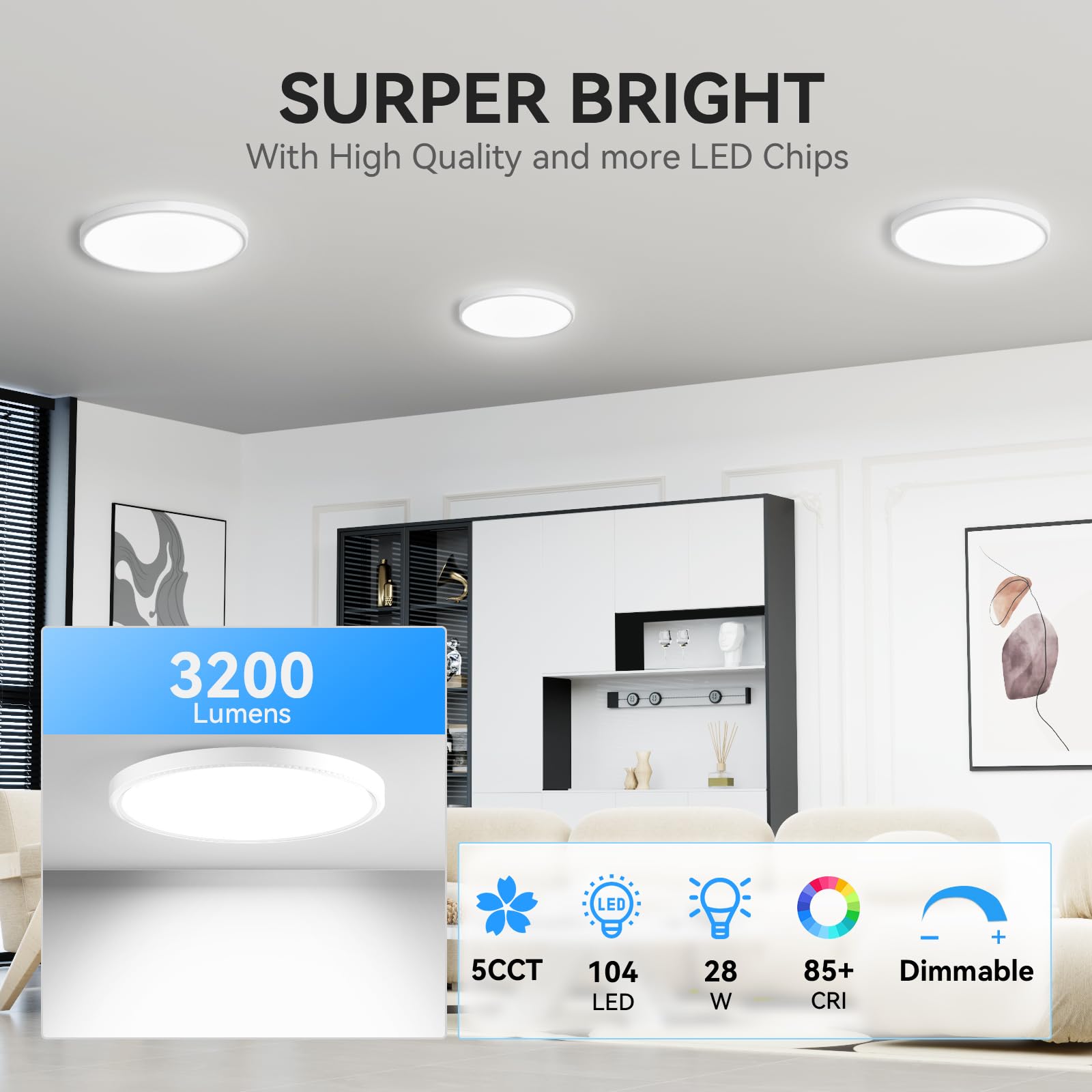 12Inch Dimmable Led Ceiling Lights, 5 Colors Selectable (3000K-6000K) Flush Mount Ultra Thin Led Lights, 0.87Inch For Living Roo
